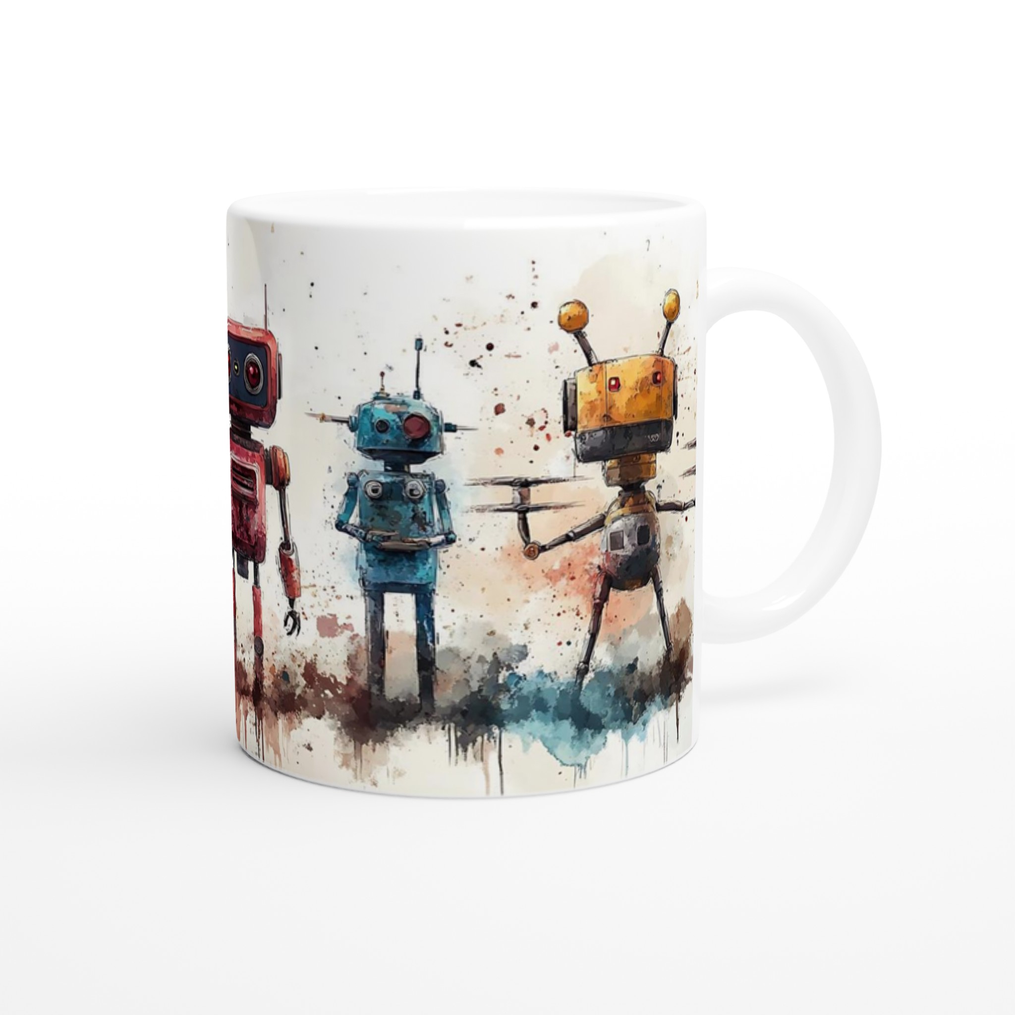 Retro Robot Vänner 11oz Keramikmugg – Konstnärlig Akvarell Design i Flera Färger 9 c1ec5e29-fb87-41ef-9400-a9fa0a03766d
