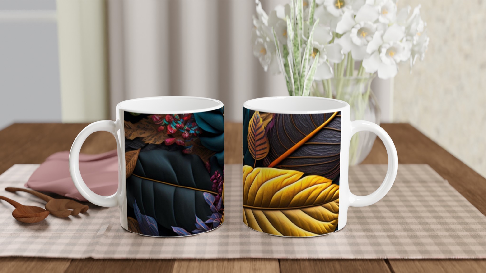 Vit 11oz keramisk mugg med konstnärligt bladmotiv i eleganta färger 10 c2d5da32-d783-42ed-8858-6e1c19483b0d