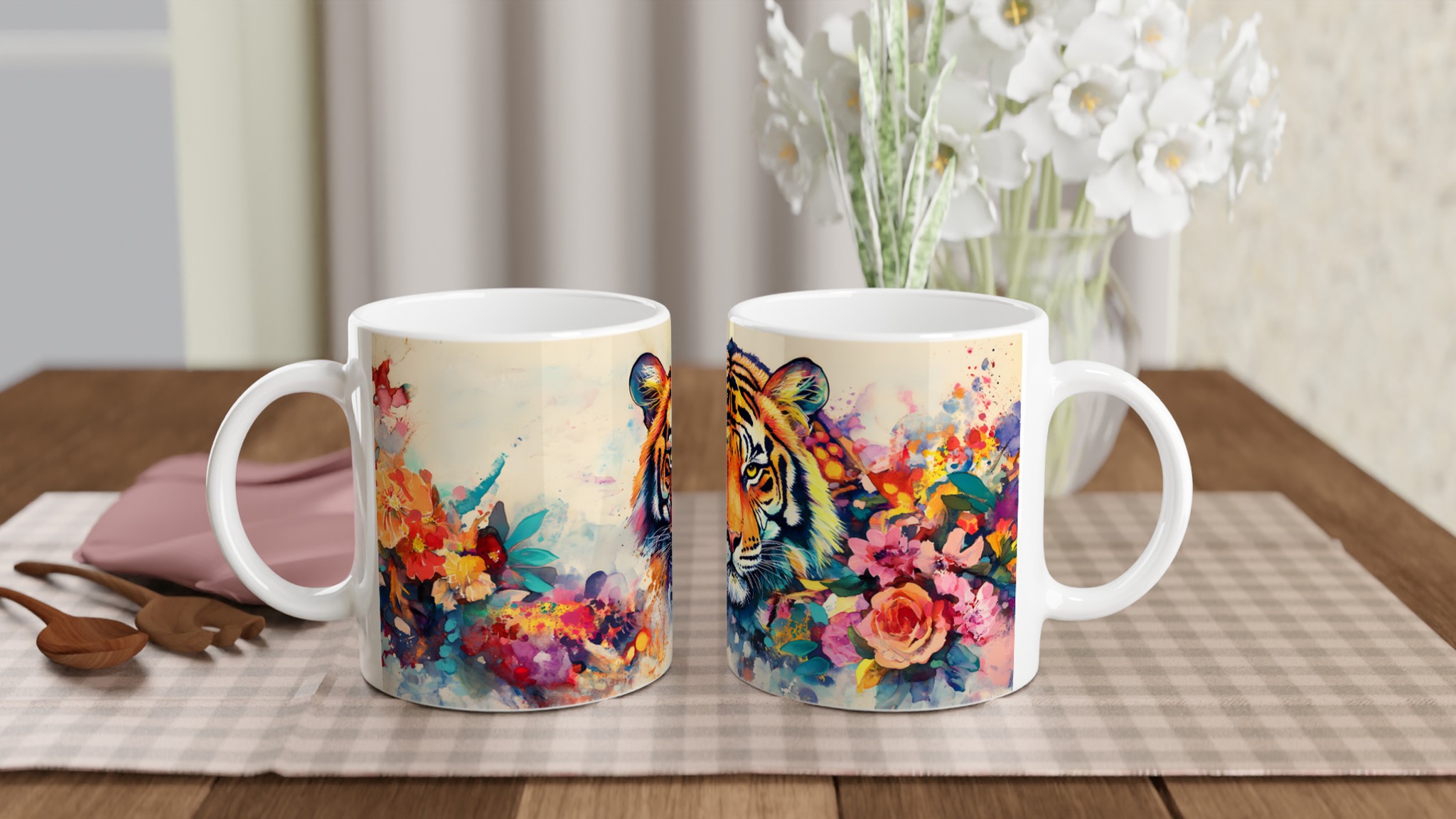 Mångfärgad Akvarell Tiger Keramikmugg - 11oz Konstnärlig Kaffemugg i Ditt Val av Färg 10 c41cd878-b221-4724-b726-35aa613f7127