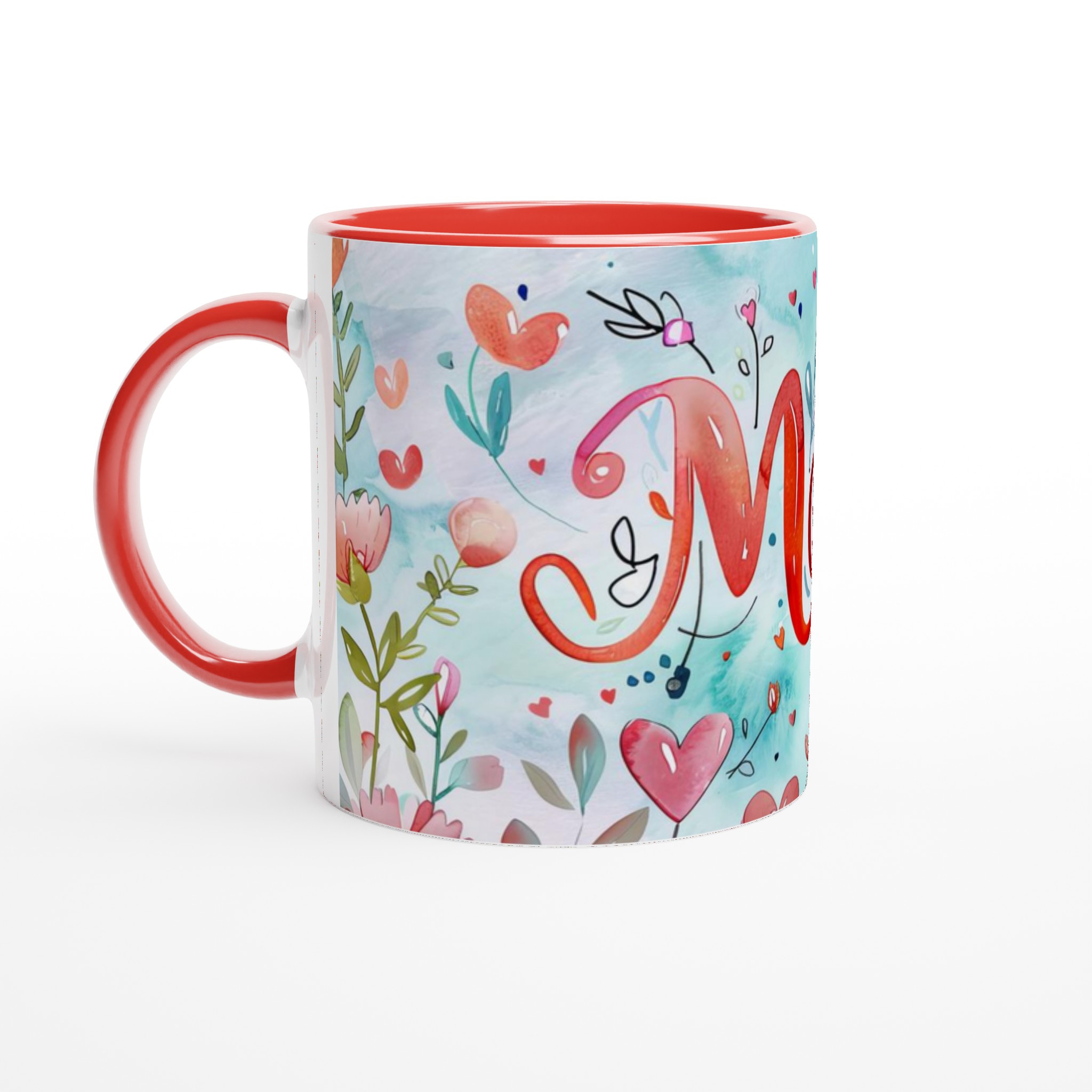 Charmig Vit 11oz Keramisk Mugg med Blomstrande 'Mom'-Design i Varma Röda Toner 6 c455ccbe-6349-4854-a9c0-3d9ef204159d