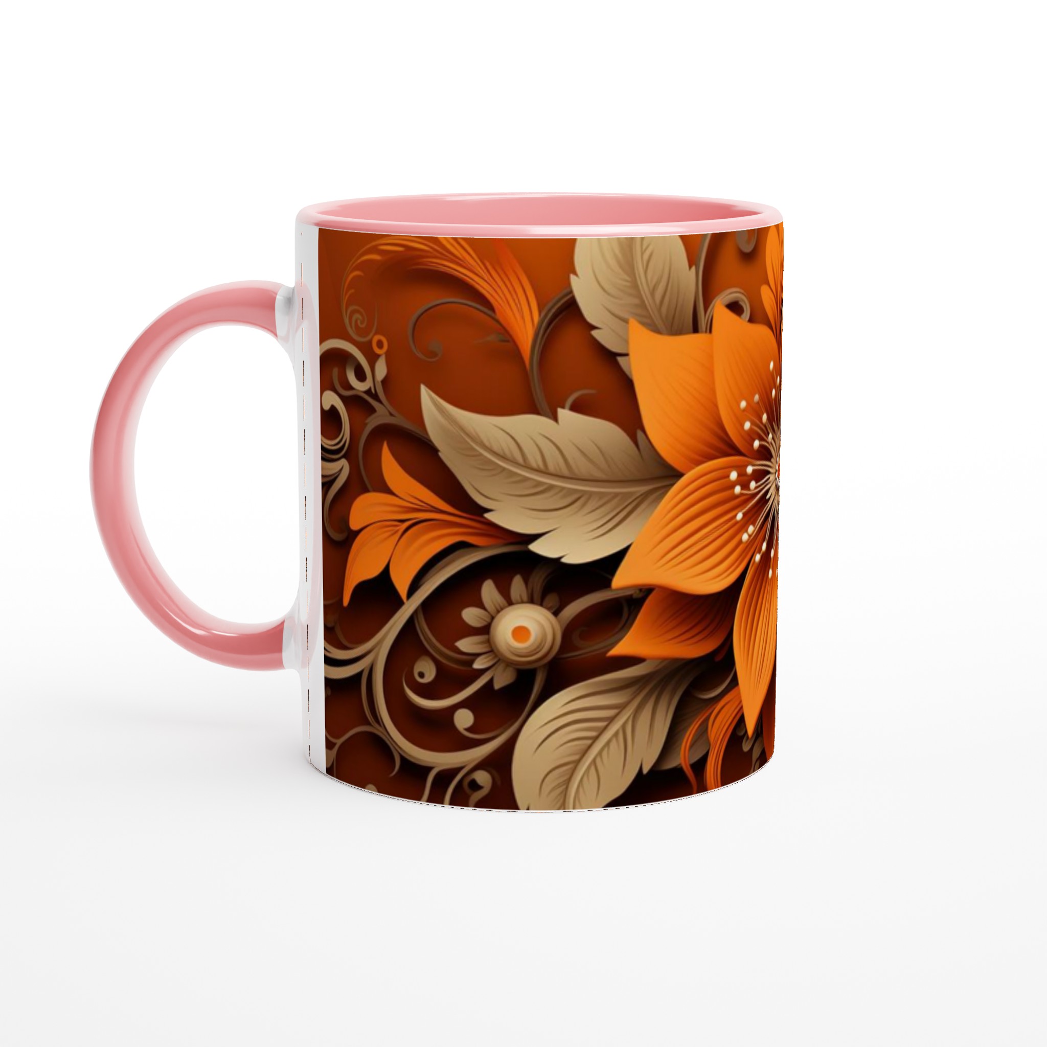 Vit 11oz keramisk mugg med sofistikerat blomstertryck i varm orange och beige 6 c49bd37c-a55b-4c1a-992d-50ebe4356420