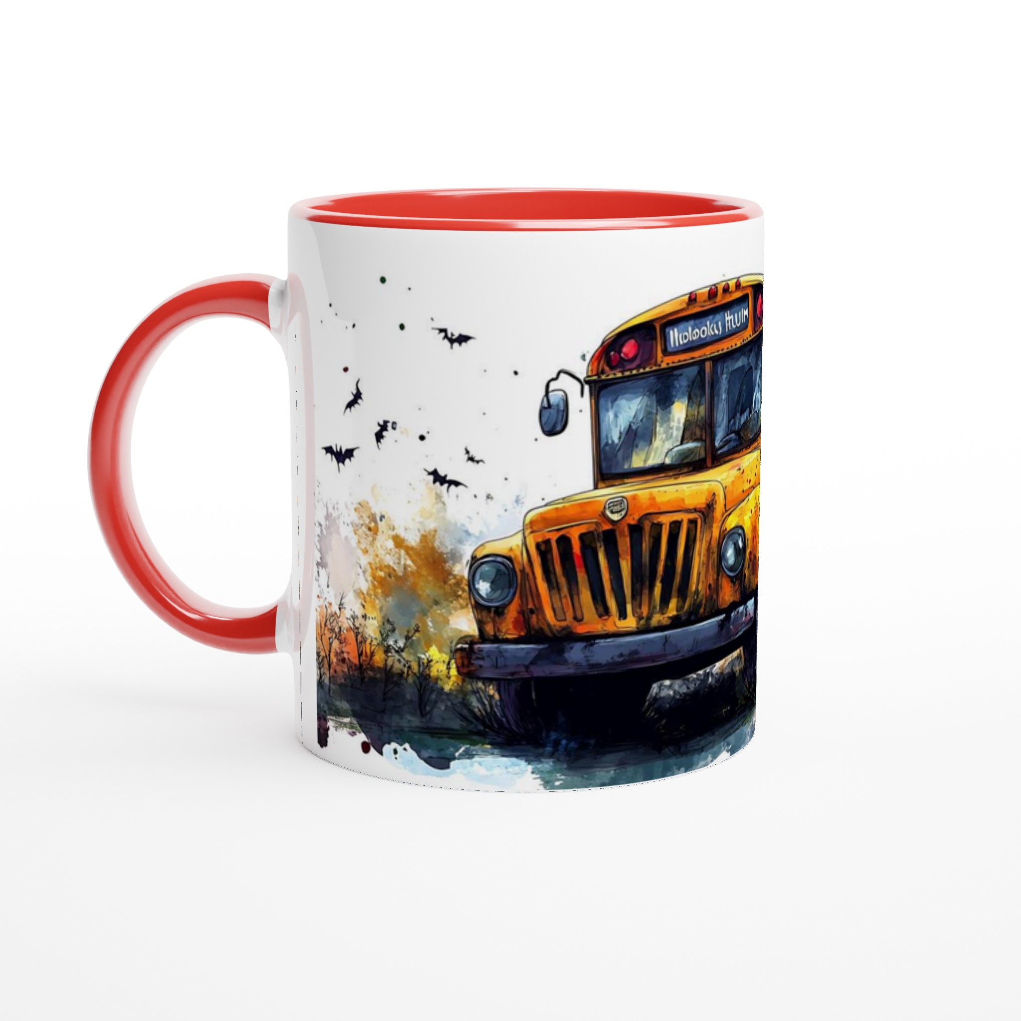 Mystisk Skolbuss Halloween Mugg – Skelett på Spökfärd i Akvarellstil, 11oz Keramikmugg 5 c53ec88d-a371-46ee-8860-8b5e6042aefd