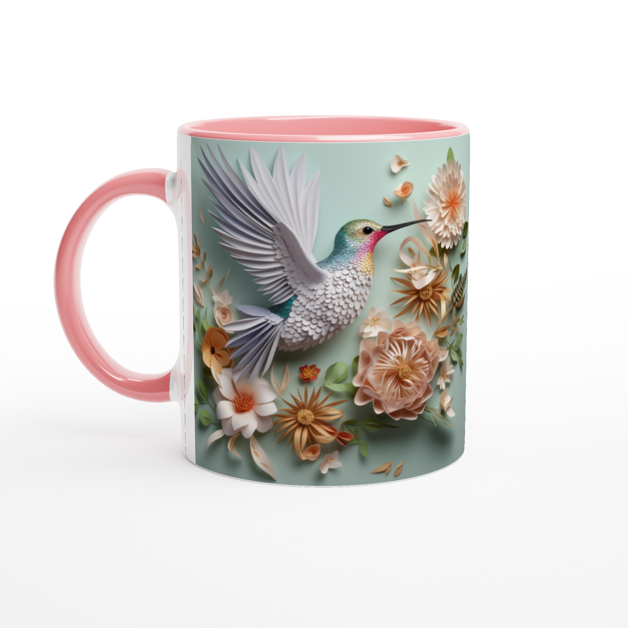 Vit 11oz keramisk mugg med elegant kolibri- och blomstertryck i mjuka pastelltoner 6 c6118c7d-f73a-4c38-9e5f-335b11db74d2