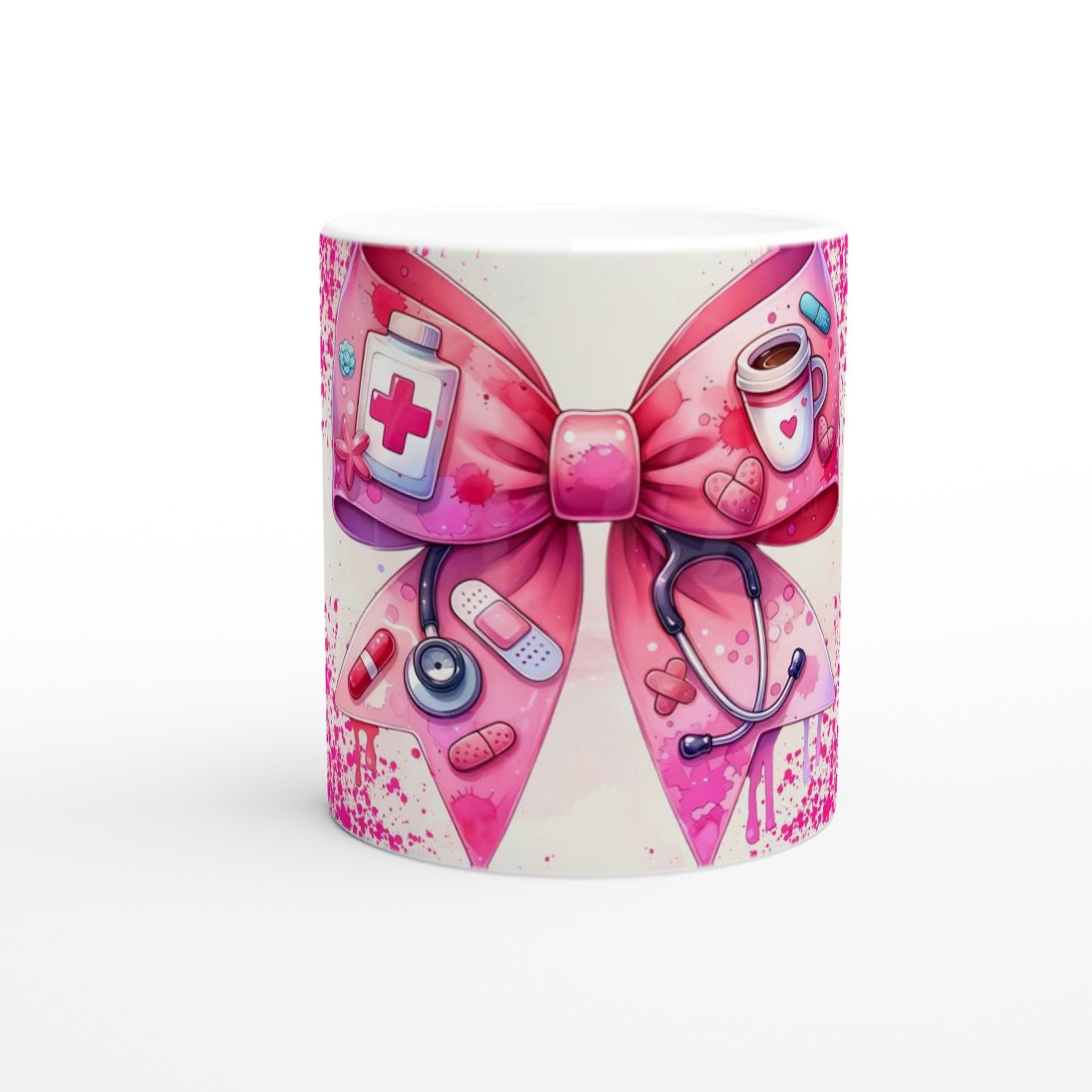 Vit 11oz keramisk mugg med rosa vårdhjälte-design – välj bland sju färgstarka keramikalternativ 8 c619ed6e-46a6-475f-a305-4de95d2abc1e
