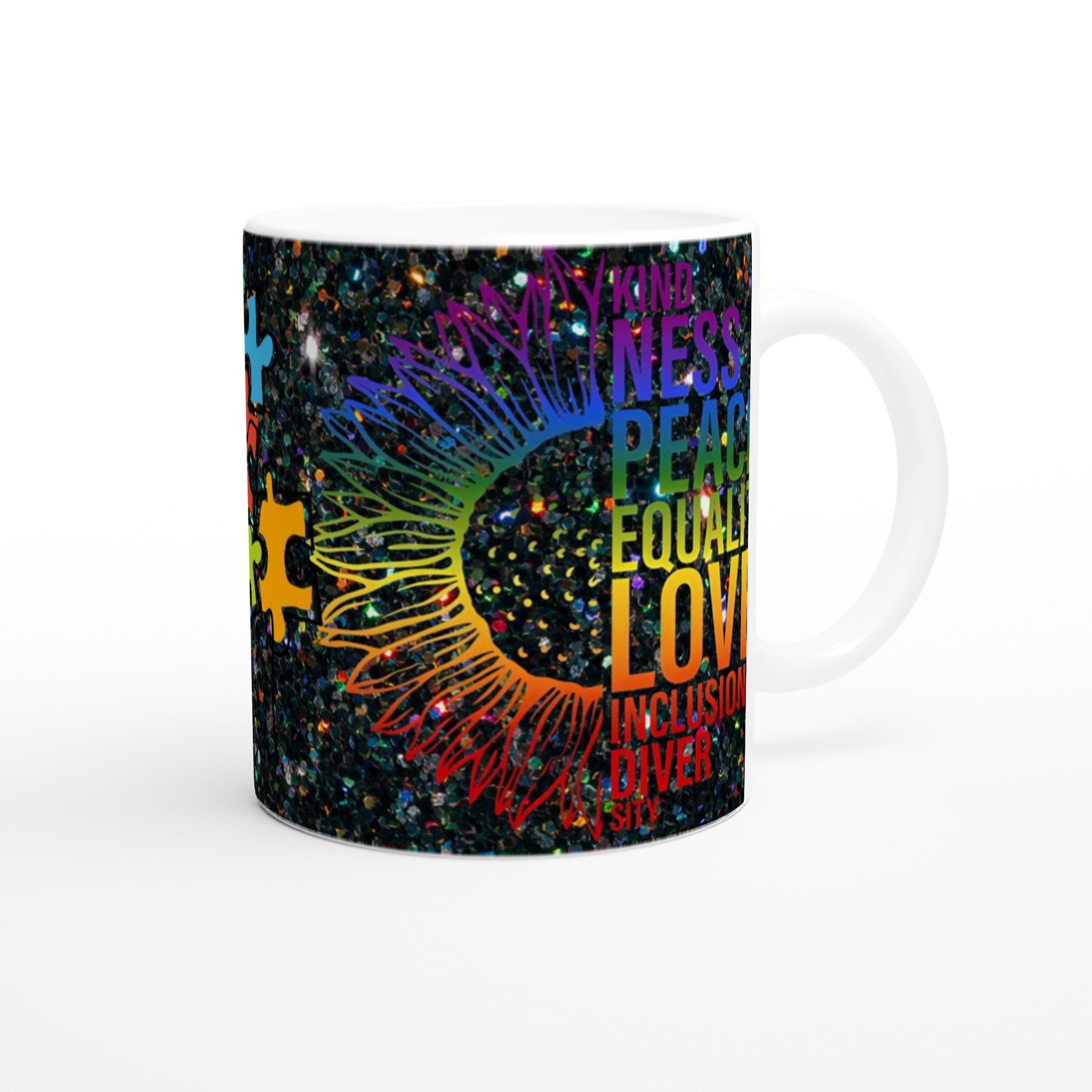 Vit 11oz keramisk mugg med färgglad inkluderingsdesign i din favoritfärg 9 c64dc965-1f68-4083-ad43-8bc2cbeceea9