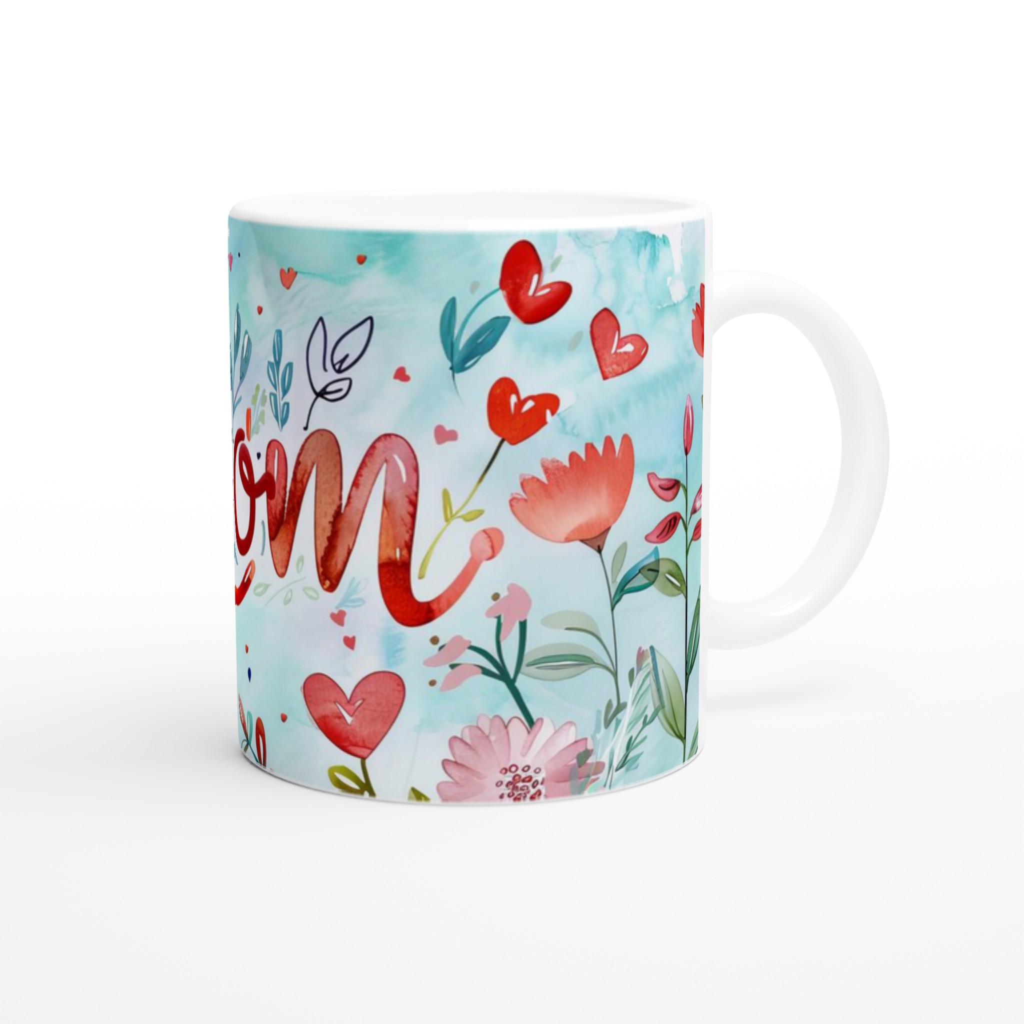 Charmig Vit 11oz Keramisk Mugg med Blomstrande 'Mom'-Design i Varma Röda Toner 10 c6735d0c-6acd-41e0-8170-742b161a8c7d