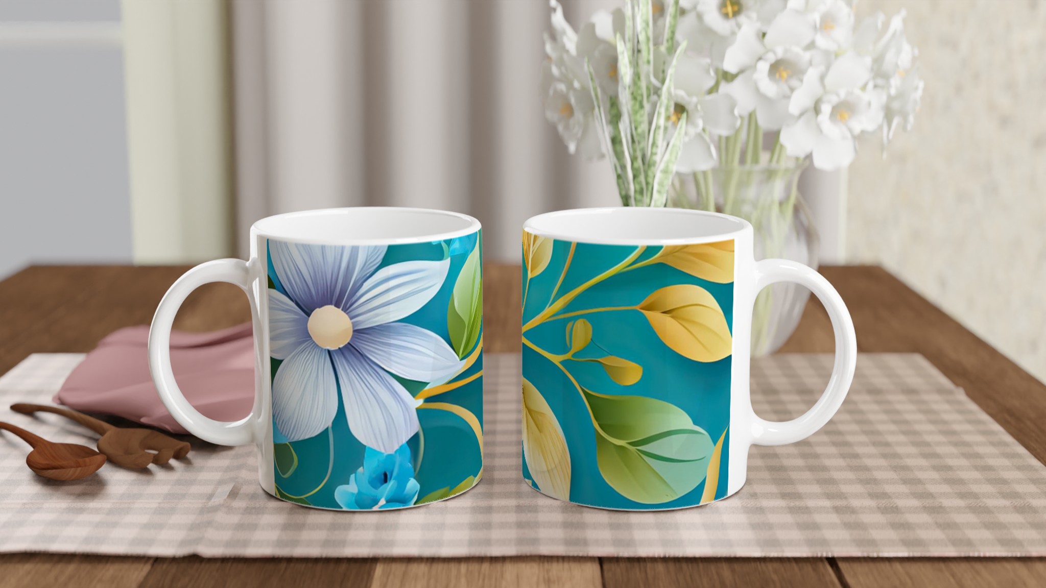 Vit 11oz keramisk mugg med elegant blomsterdesign i färgstarka toner 11 c6cdb7ab-5f75-41e2-a5e5-21d37f27eba9