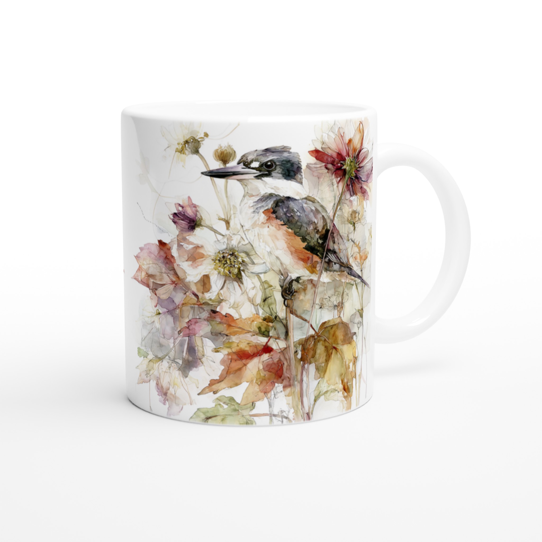 Vit 11oz keramisk mugg med konstnärligt fågelmotiv i mjuka höstnyanser 9 c711af2e-63c0-46e7-99da-e5d8eae18964
