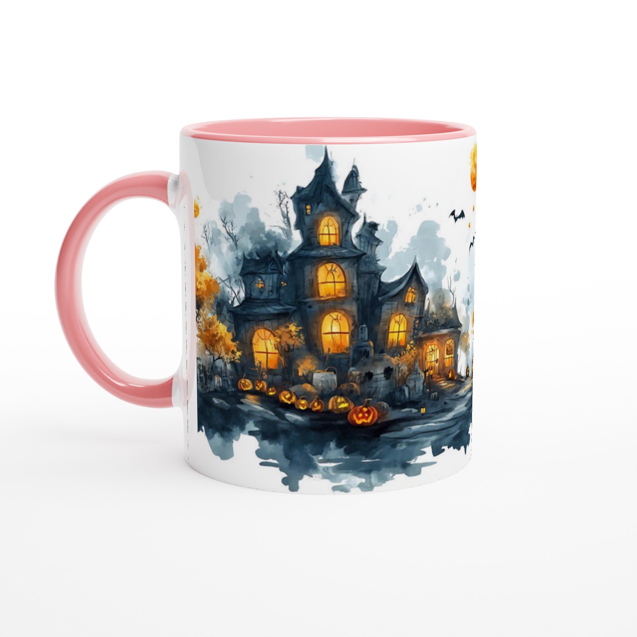 Spooky Halloween Haunted House Mugg - Akvarellstil med Lysande Pumpor och Fladdermöss 6 c7aa3d77-f71b-4a15-96e3-9b52019368c6