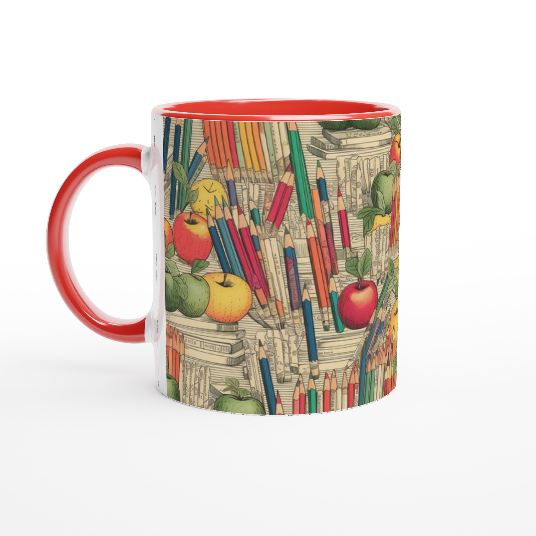 Vit 11oz keramisk mugg med färgglad bok- och äppelmönster i valfri keramikfärg 5 c8685d76-d793-46db-b798-ac27736ca728