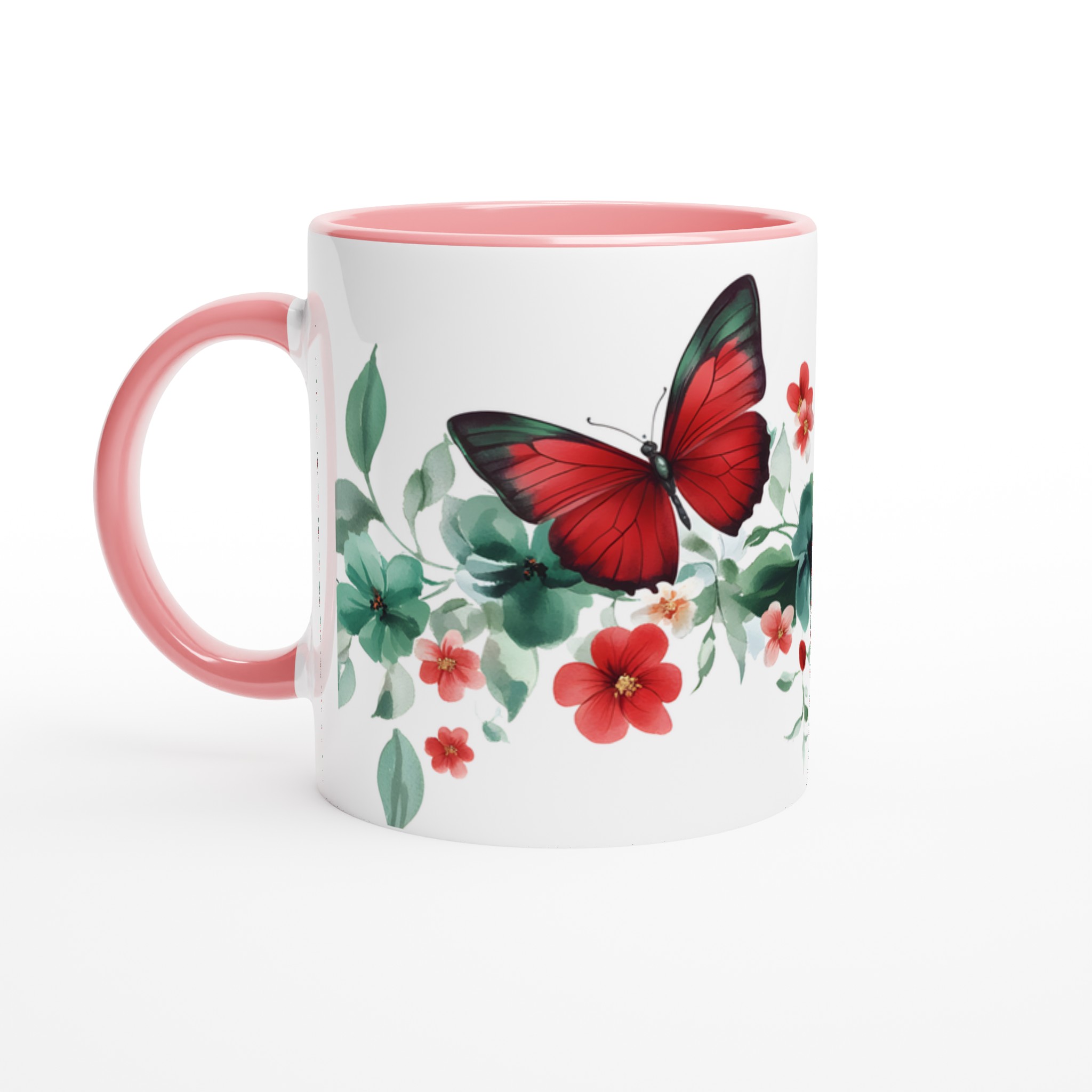 Fjärilsdröm 11oz Keramisk Mugg – Akvarellblommor & Röda Fjärilar i Valfri Färg 6 c8e2de97-1073-47fc-b089-8f9a104e51f7