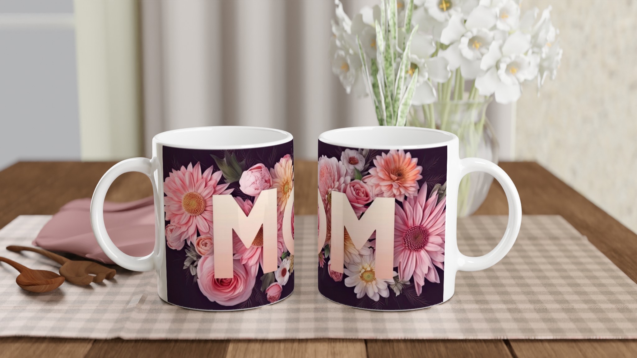 Vit 11oz keramisk mugg med blomstrande MOM-design – välj bland sju färgstarka keramiska nyanser 10 c8f91cc4-06f2-4a31-90aa-5baa0c48efeb