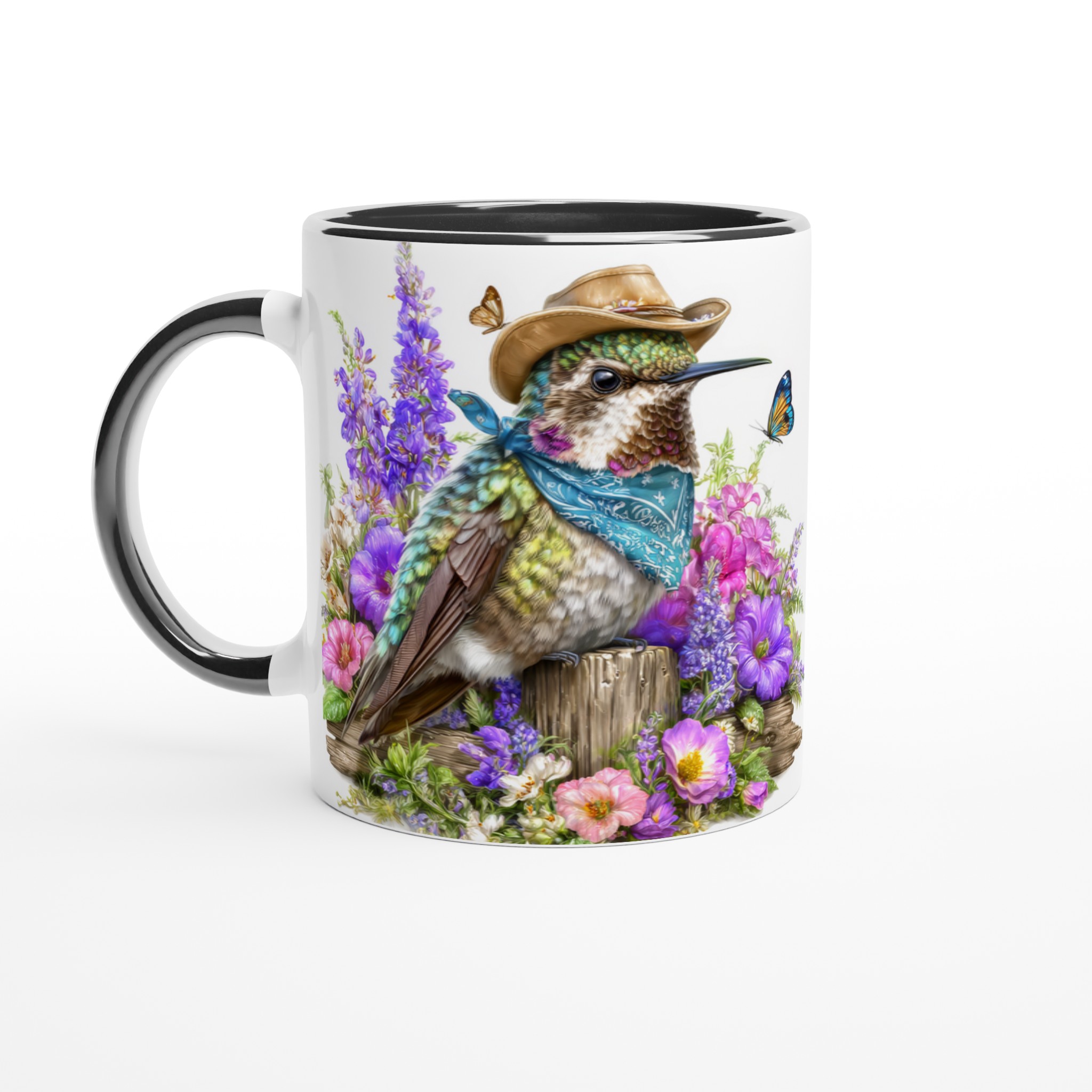 Vit 11oz keramisk mugg med färgstark kolibri i cowboyhatt – välj bland sju livfulla keramikkulörer 4 c99025de-4777-4530-bc19-5fcd21ec648b