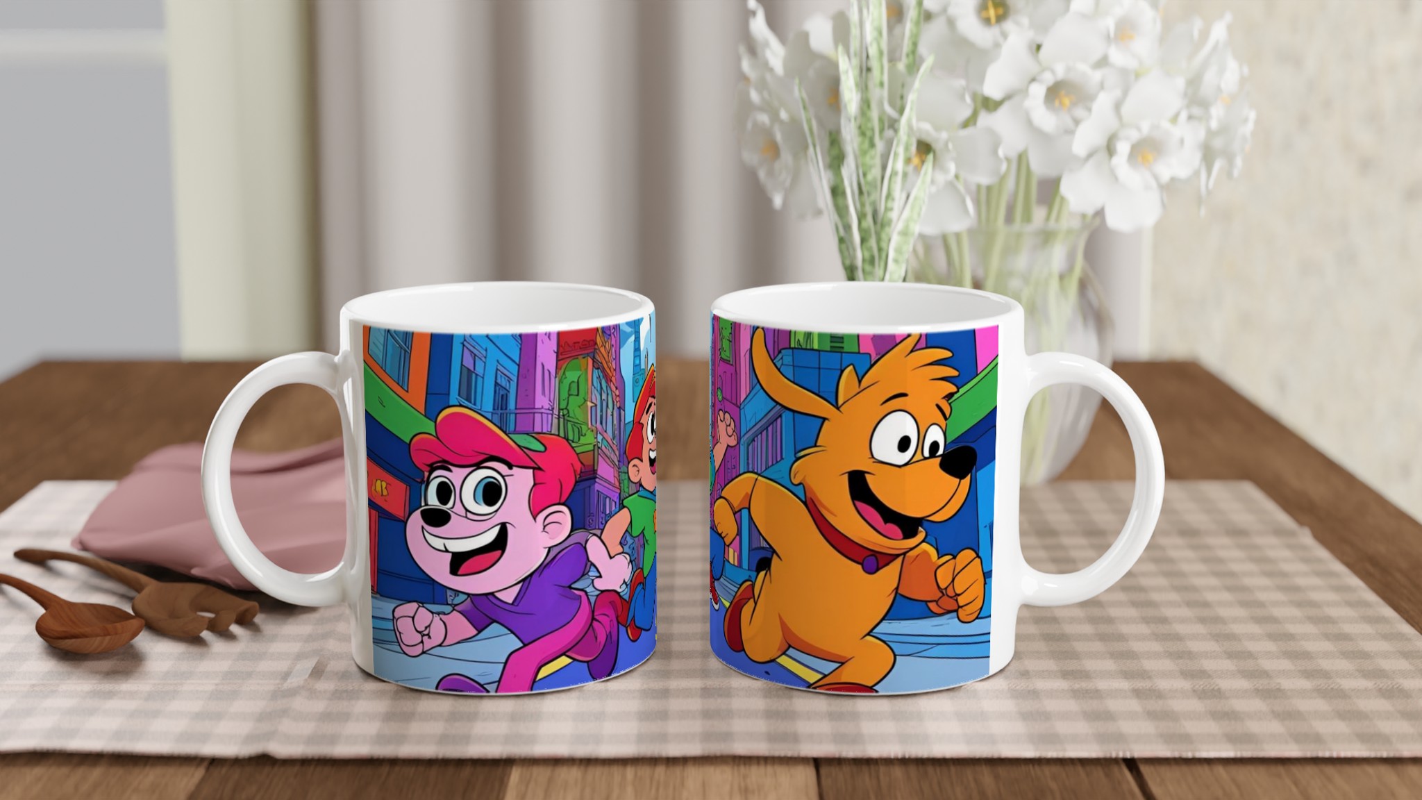 Vit 11oz keramisk mugg med lekfulla och färgstarka karaktärer – välj din favoritfärg 10 c9ee3e1a-85d0-409a-a588-59047f22e113
