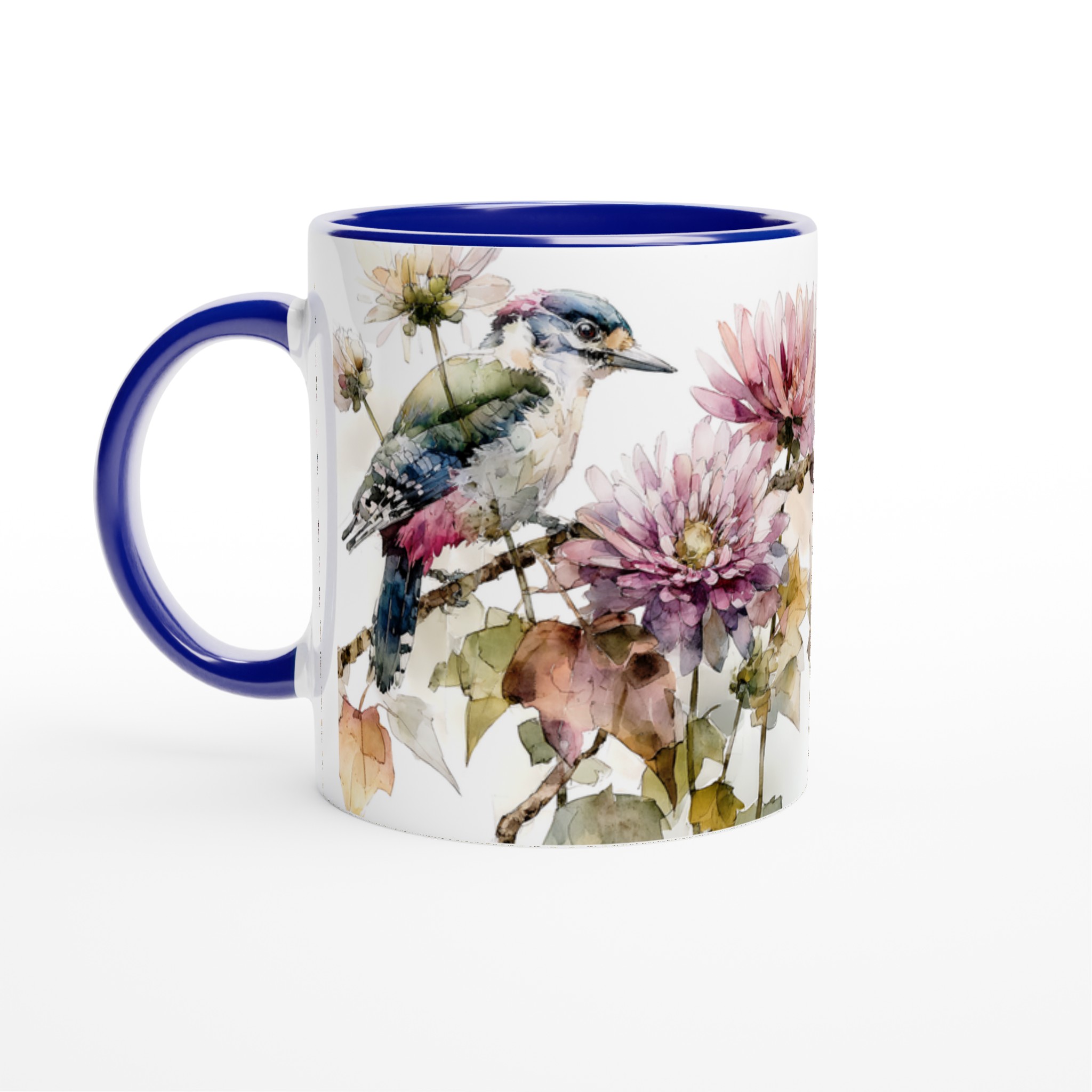 Vit 11oz keramisk mugg med akvarellinspirerat fågel- och blommotiv i flera vackra färger 2 c9f74c88-bb3c-4639-b061-81063a84b79e