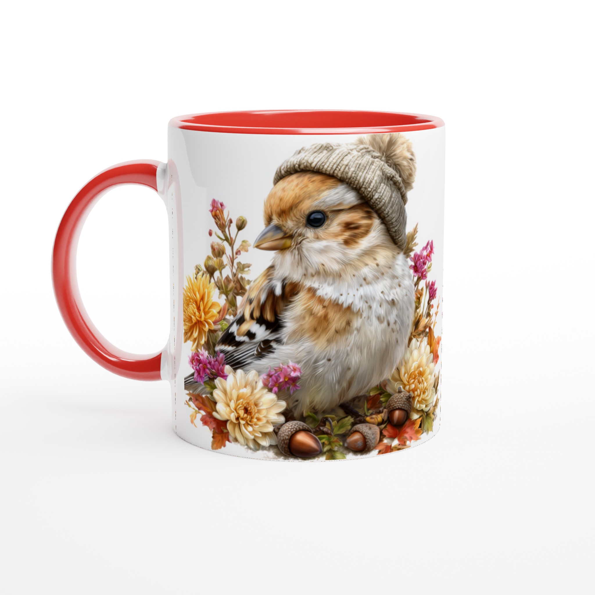 Vit 11oz keramisk mugg med charmig vinterfågel och blommor – välj bland sju färgstarka keramiktoner 5 ca327a5b-b578-4f20-b793-c80883b387ed