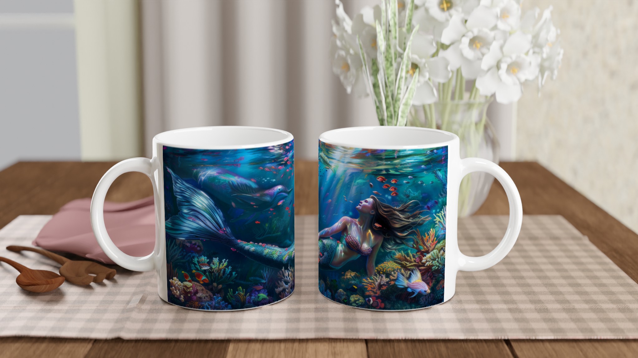 Vit 11oz keramisk mugg med fantasy-sjöjungfru i färgstarkt undervattenslandskap – välj din favoritfärg 10 ca4e0609-7f34-4b88-a064-d9e52fdf73ea