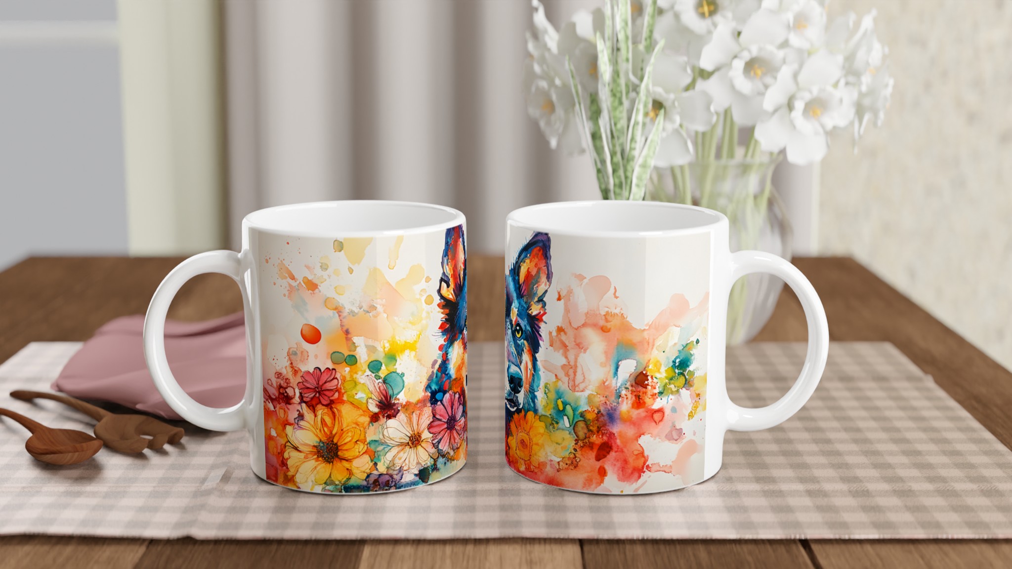 Konstnärlig Akvarellhundsmugg - Färgsprakande 11oz Keramisk Mugg för Djurälskare 10 cb49ae27-957d-4071-bc4a-8e12f866c6ea