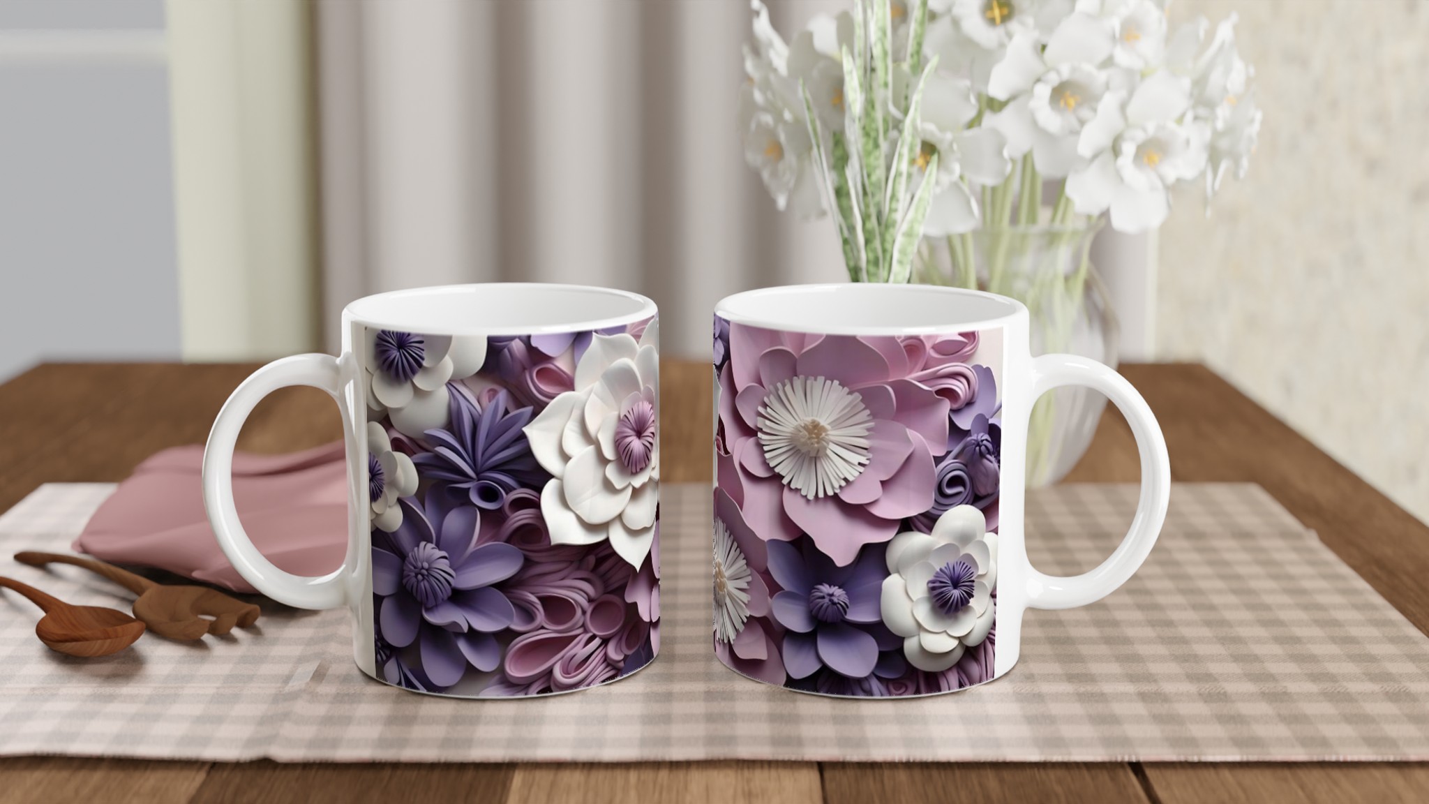 Vit 11oz keramisk mugg med elegant blad- och blomdesign i mjuka pastellfärger 10 cb5d0ae0-0d21-4889-848b-6e71ac6468b8