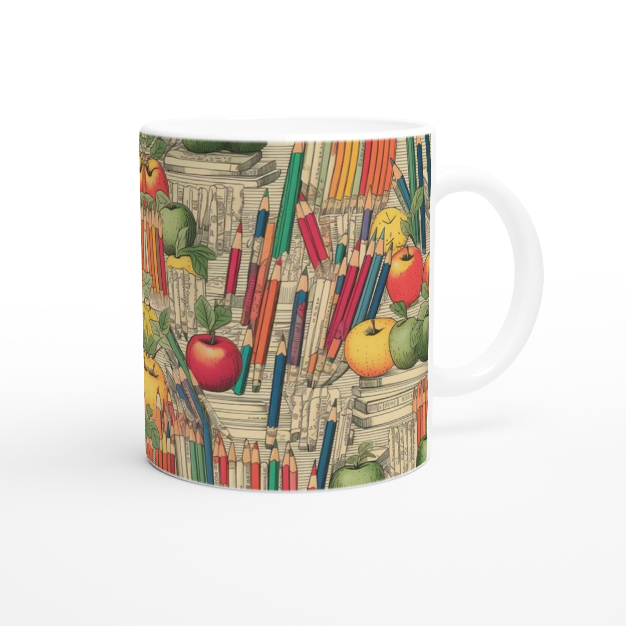 Vit 11oz keramisk mugg med färgglad bok- och äppelmönster i valfri keramikfärg 9 cba6e3a8-f063-4c5b-8c71-58f41680ead0