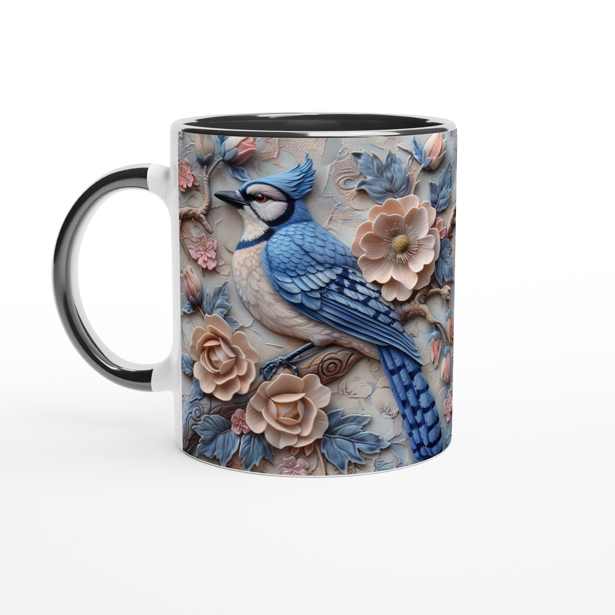 Vit 11oz keramisk mugg med elegant blåskrikfågel och blomsterdesign i mjuka pasteller 4 cc284700-1d8c-40a0-be58-df7595b6aff7