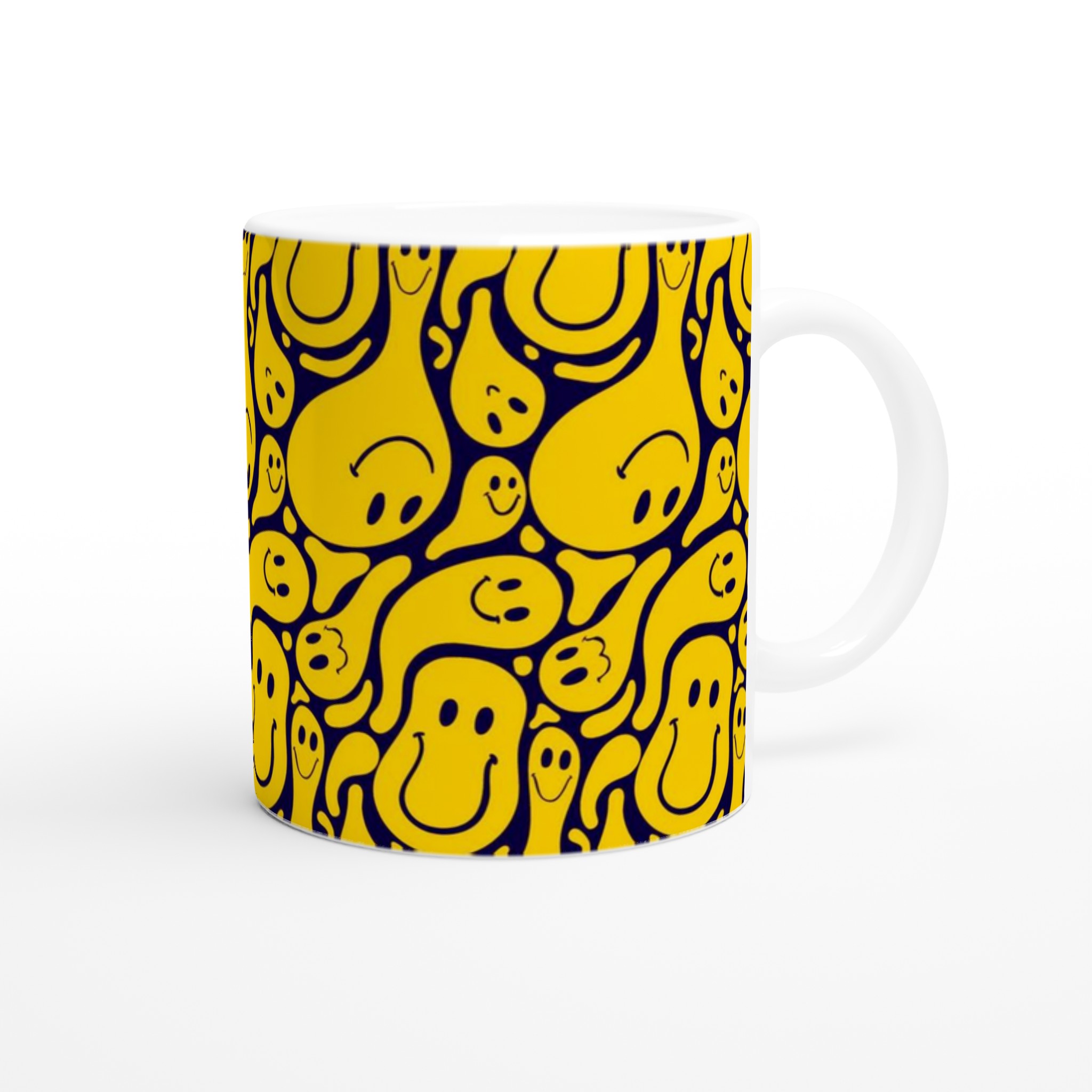 Vit 11oz keramisk mugg med lekfulla gula smileys – välj bland sju livfulla färger 9 cc4b7266-4b87-4dc7-b94d-4828c2d9477d