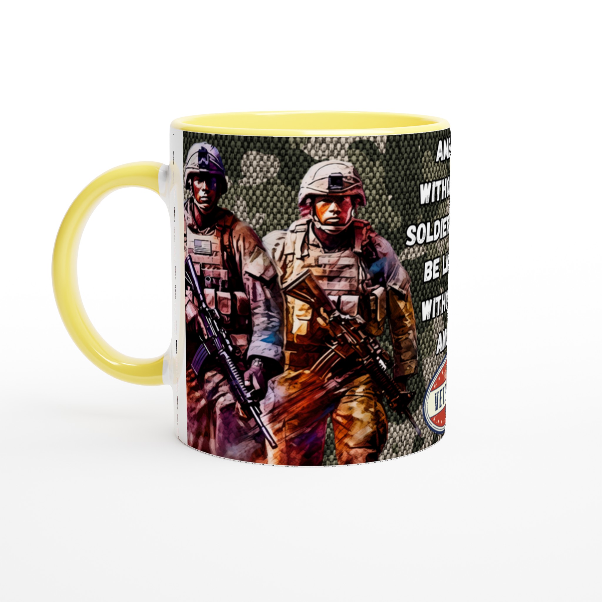 Vit 11oz keramisk mugg med patriotisk soldatmotiv – välj bland sju levande keramfärger 3 cc7fbd3f-2a3b-4761-bd37-07dc9eb9d6be