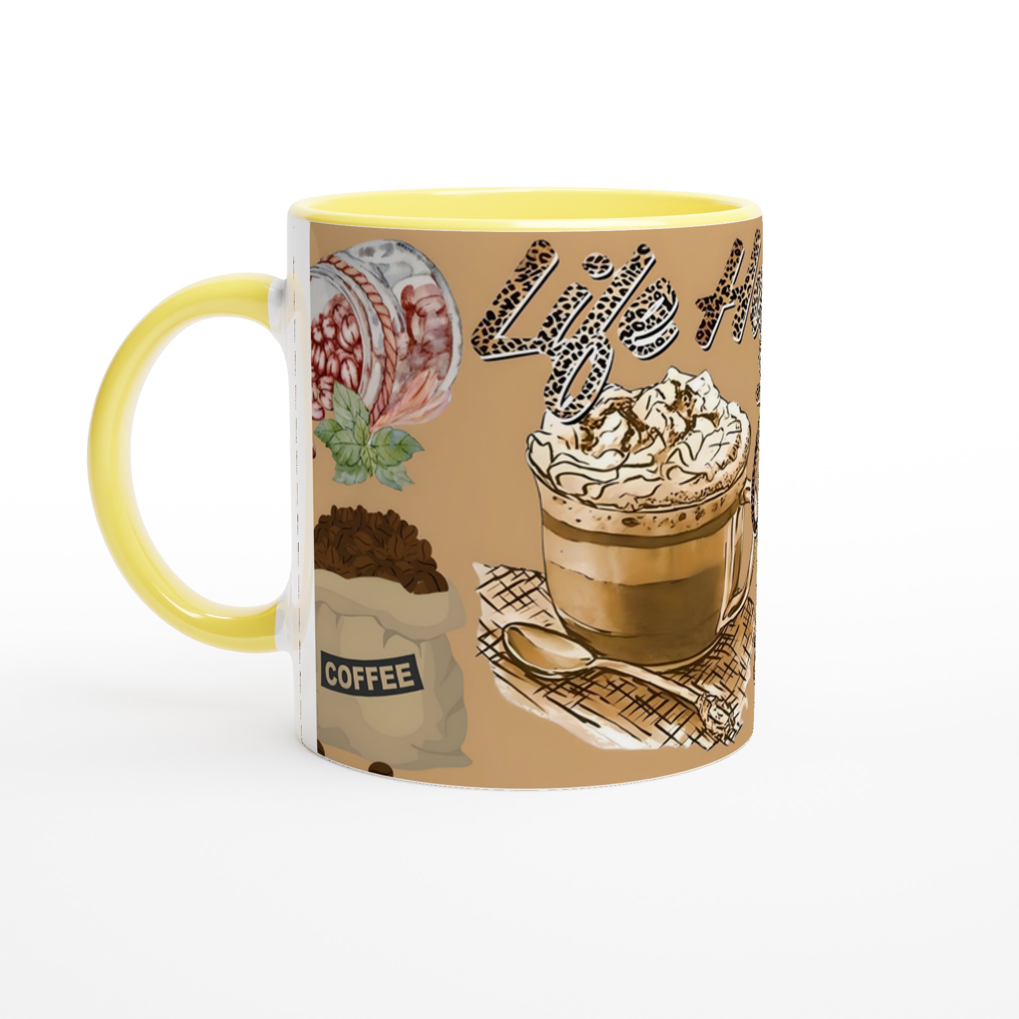 Vit 11oz keramisk mugg med livfullt kaffetema i din favoritfärg 3 cd67ca29-bcf5-403b-b20a-cf7a488fe4b5
