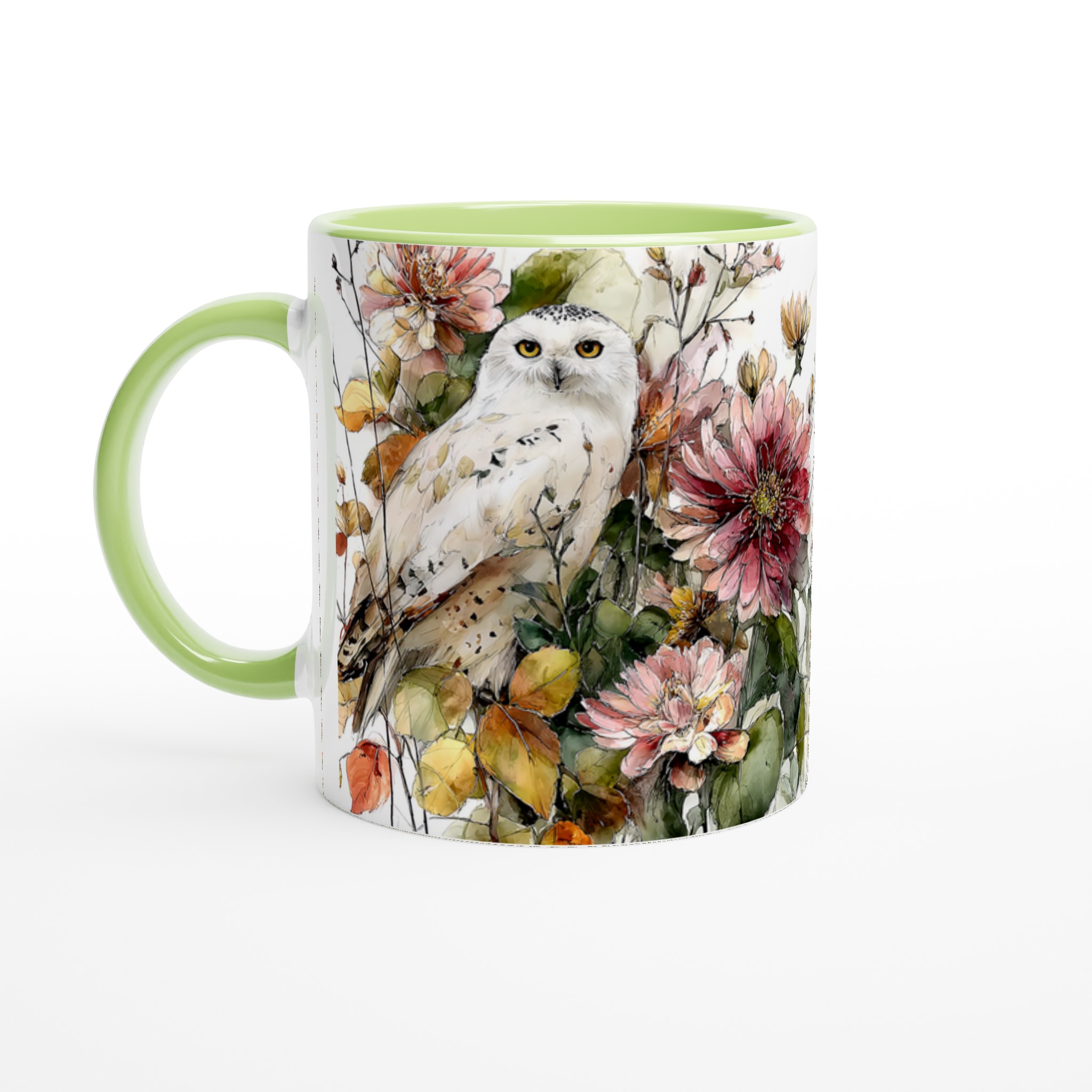 Vit 11oz keramisk mugg med elegant uggla och blommönster – välj din favorit bland sju färger 7 cda53b86-2bb8-461c-8b04-17eb25e95db4