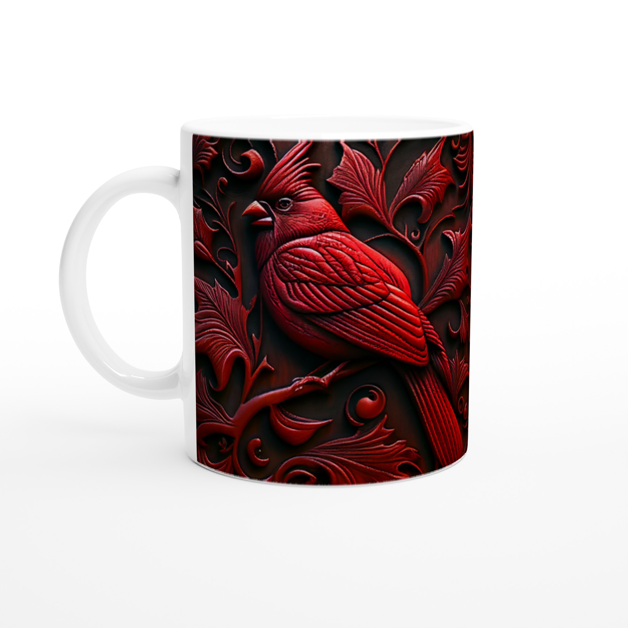 Vit 11oz keramikmugg med elegant kardinalfågelmotiv i djup röd – välj din favoritfärg 1 ce213eb4-fdbe-41ed-957a-cfce4b9a5d10