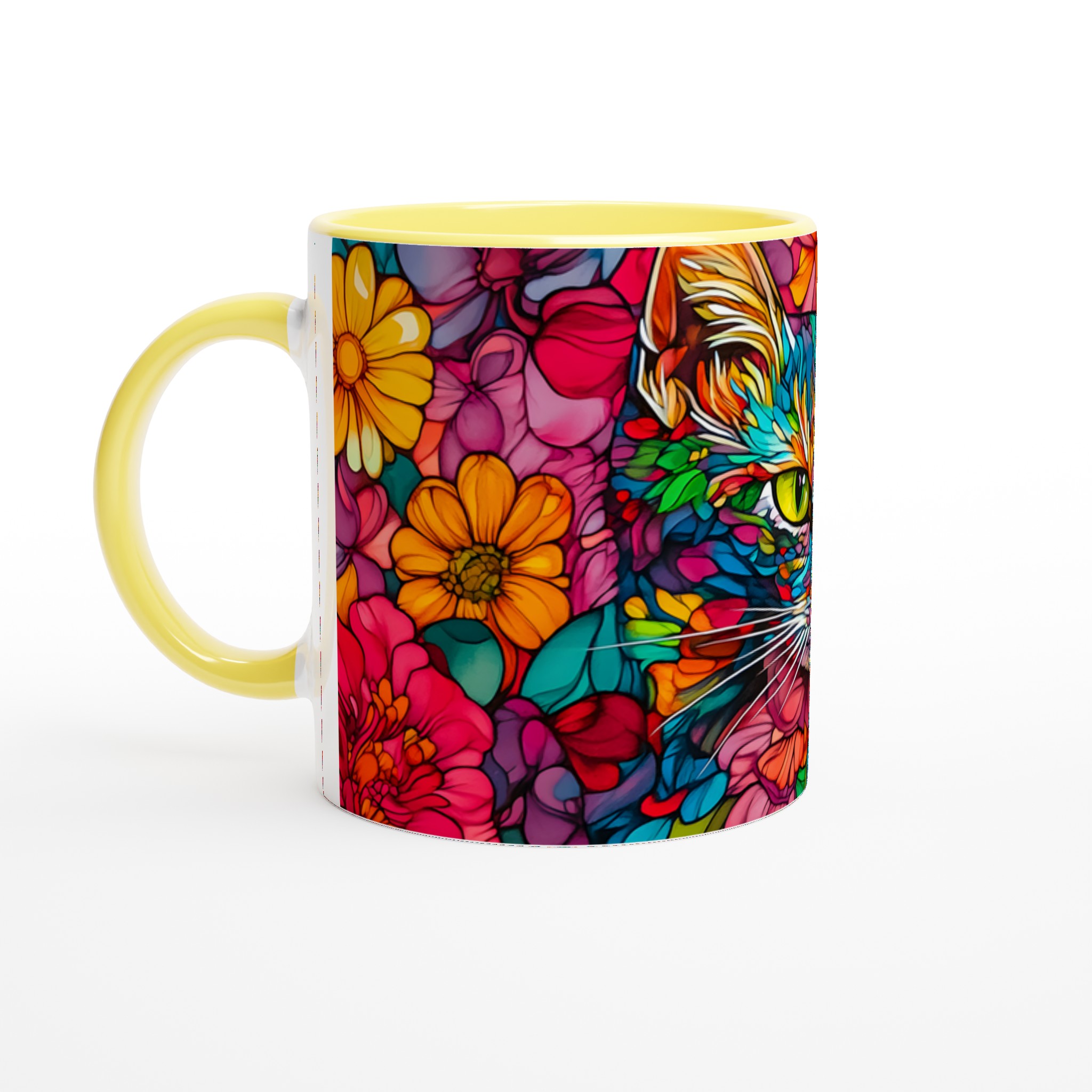 Färgsprakande Katt & Blommor Keramisk Mugg – Konstnärlig 11oz Kaffekopp i Valfri Färg! 3 ce30f458-df86-4c07-a7eb-53630898c118