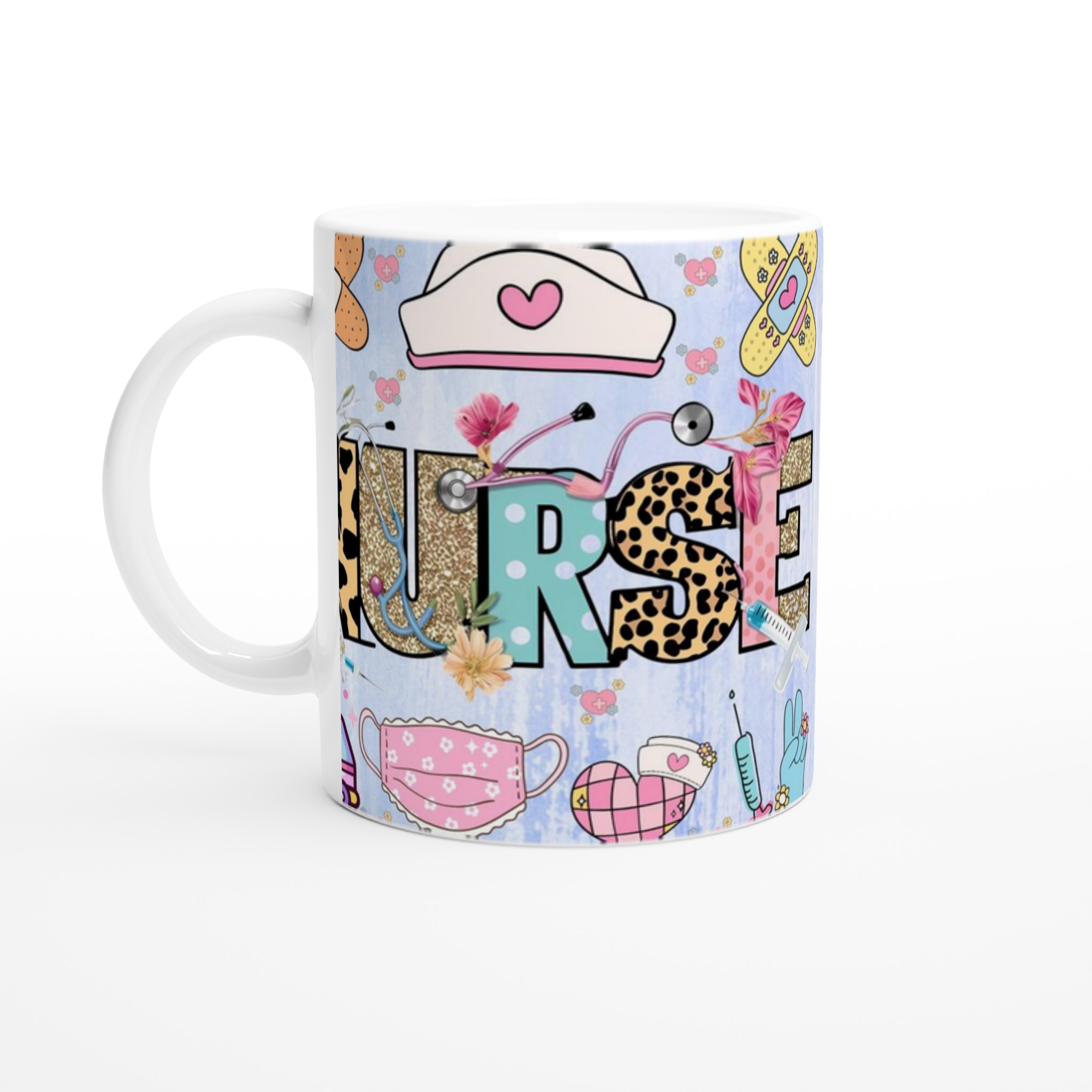 Vit 11oz keramisk mugg med färgstark Nurse-design i lekfulla mönster och nyanser 1 ce4e69db-3855-471b-9c9e-37bc254998b9