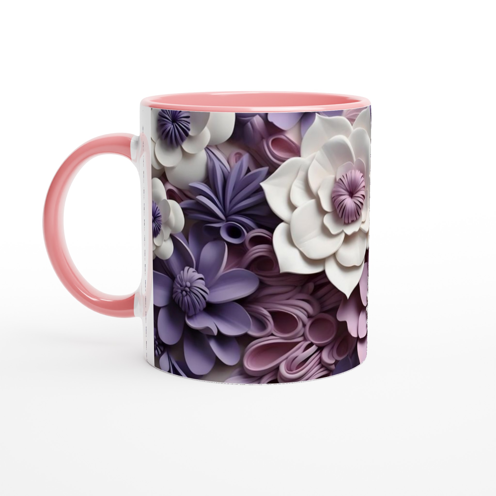 Vit 11oz keramisk mugg med elegant blad- och blomdesign i mjuka pastellfärger 6 cec0fa05-6b91-42f0-b6d4-98038c1da27f