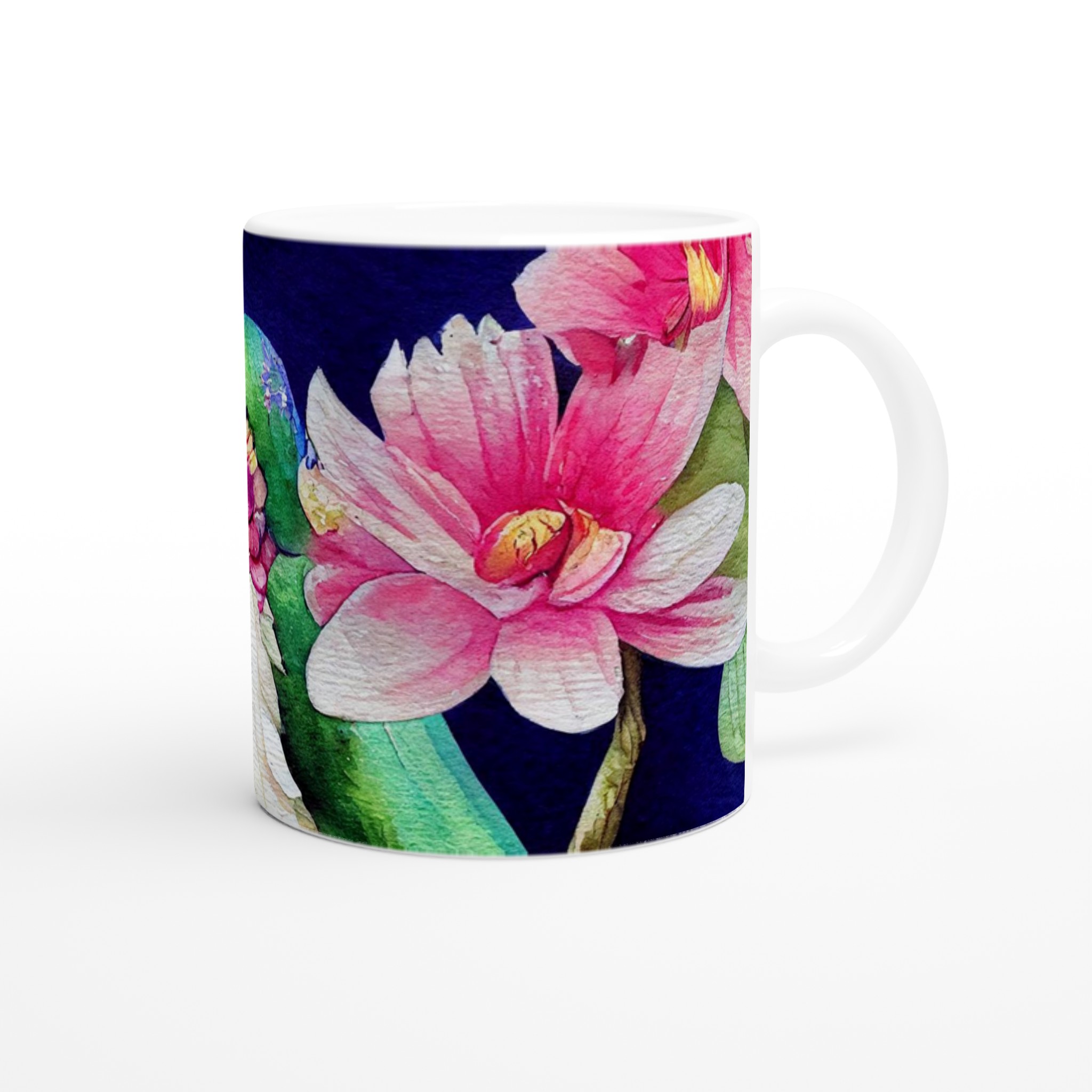 Vit 11oz keramisk mugg med färgstarkt kolibri- och blomtryck i ditt val av sju unika keramfärger 9 d216145e-0886-490e-a89b-46b7164d804c