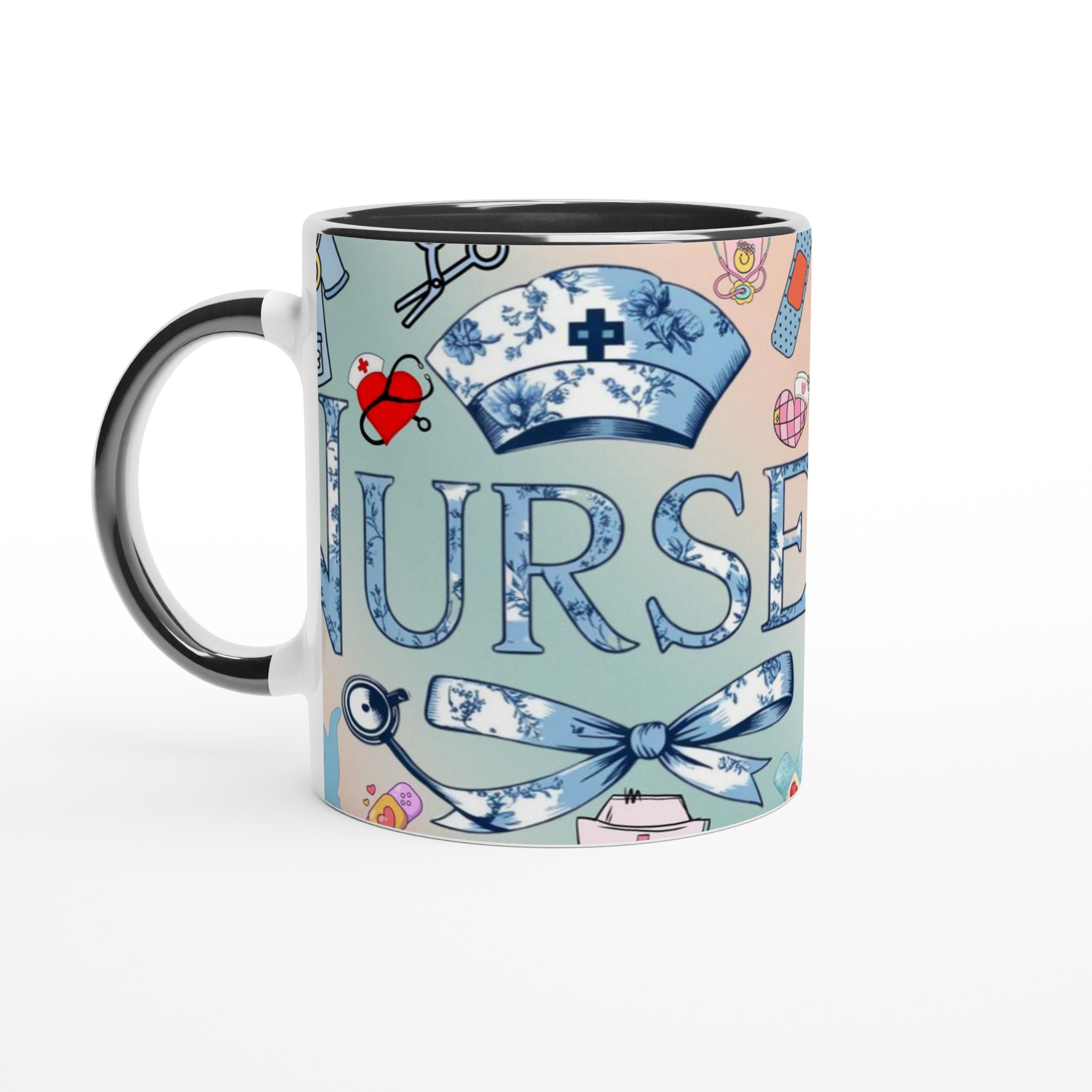 Vit 11oz keramisk mugg med vintage sjuksköterskedetaljer i mjuka blå nyanser 4 d222a0cd-dfe6-436e-9686-9e81b8378cc1