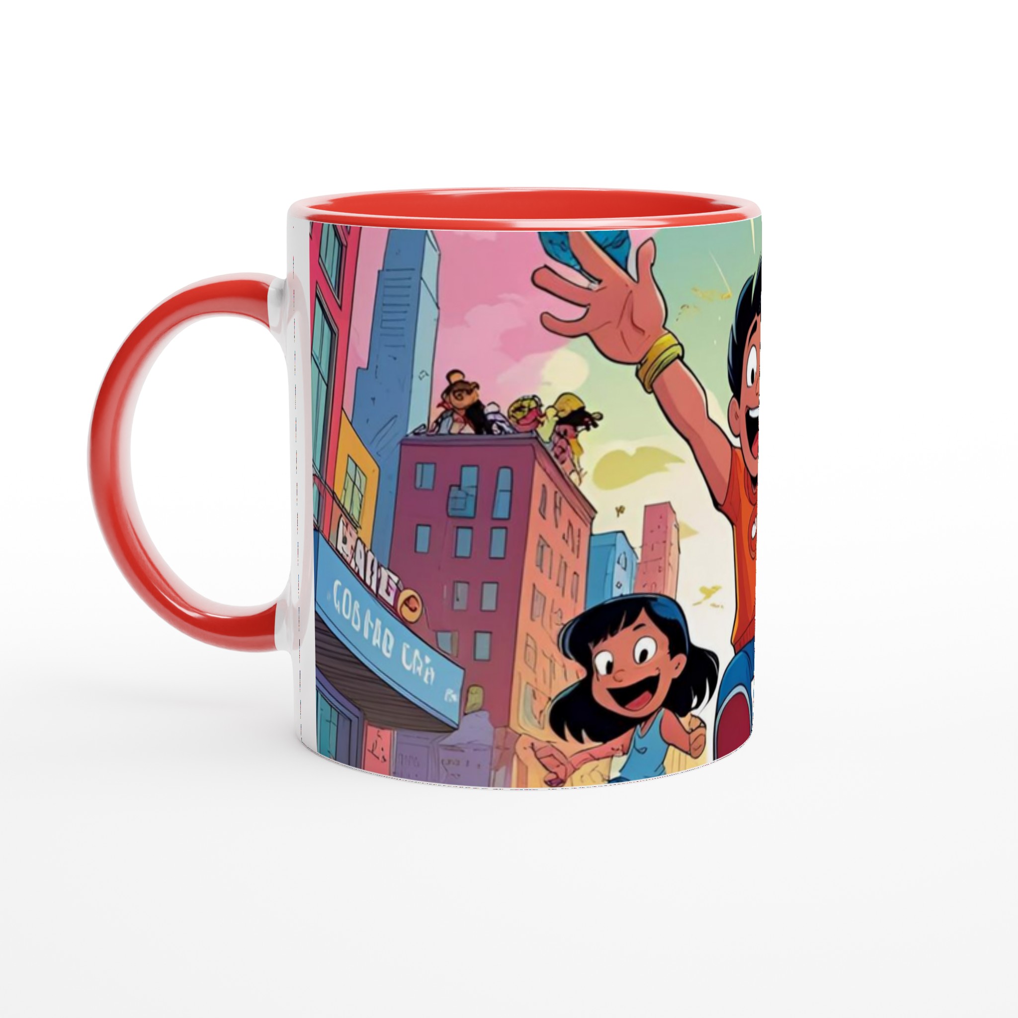 Vit 11oz keramisk mugg med livfulla, lekfulla stadsäventyr – välj din favoritfärg 5 d285ba0e-461e-48c5-92c5-24ba90291be7