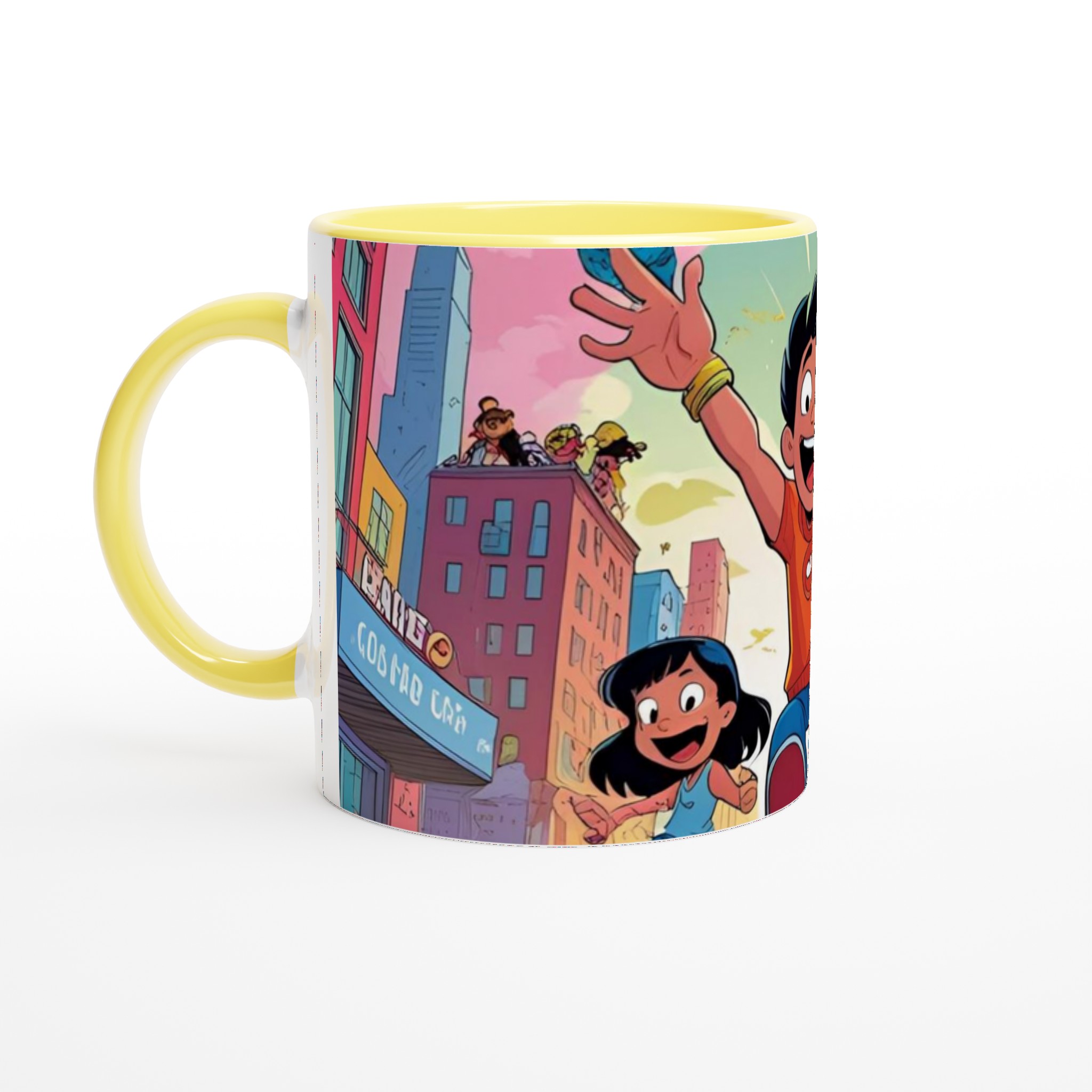 Vit 11oz keramisk mugg med livfulla, lekfulla stadsäventyr – välj din favoritfärg 3 d2b80e0c-3218-4f91-b980-76406dc91090
