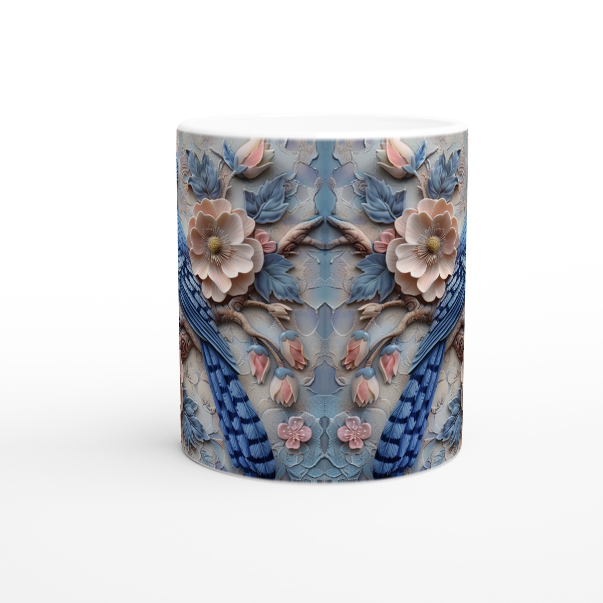 Vit 11oz keramisk mugg med elegant blåskrikfågel och blomsterdesign i mjuka pasteller 8 d2fbc499-6ff5-4fb5-b284-fc56a60ddb54