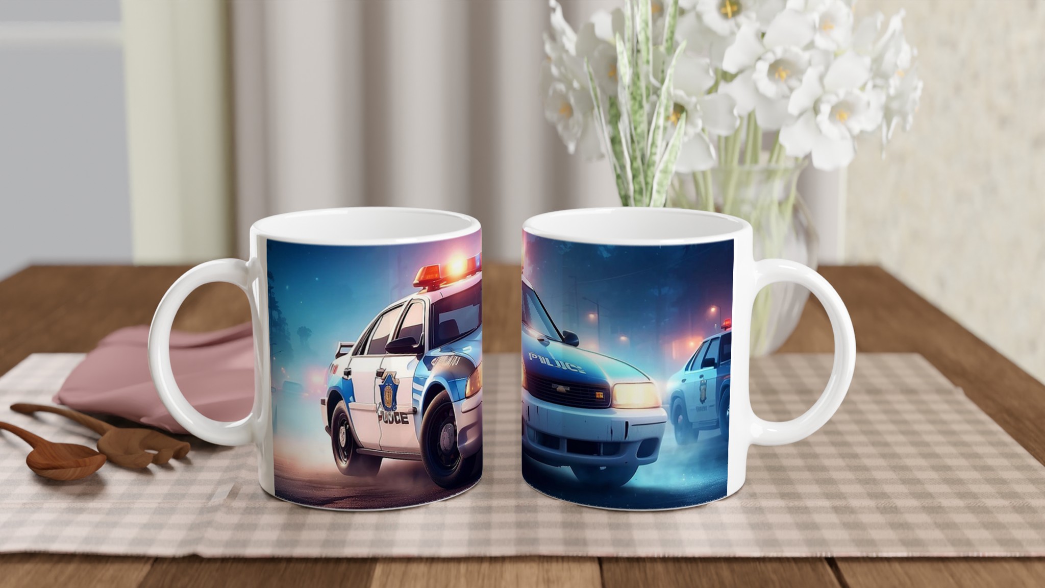 Vit 11oz keramisk mugg med dramatisk polisbil-design i sju färgstarka keramiska nyanser 10 d33f35b3-b3f1-4ebc-a200-db5a660abd9f
