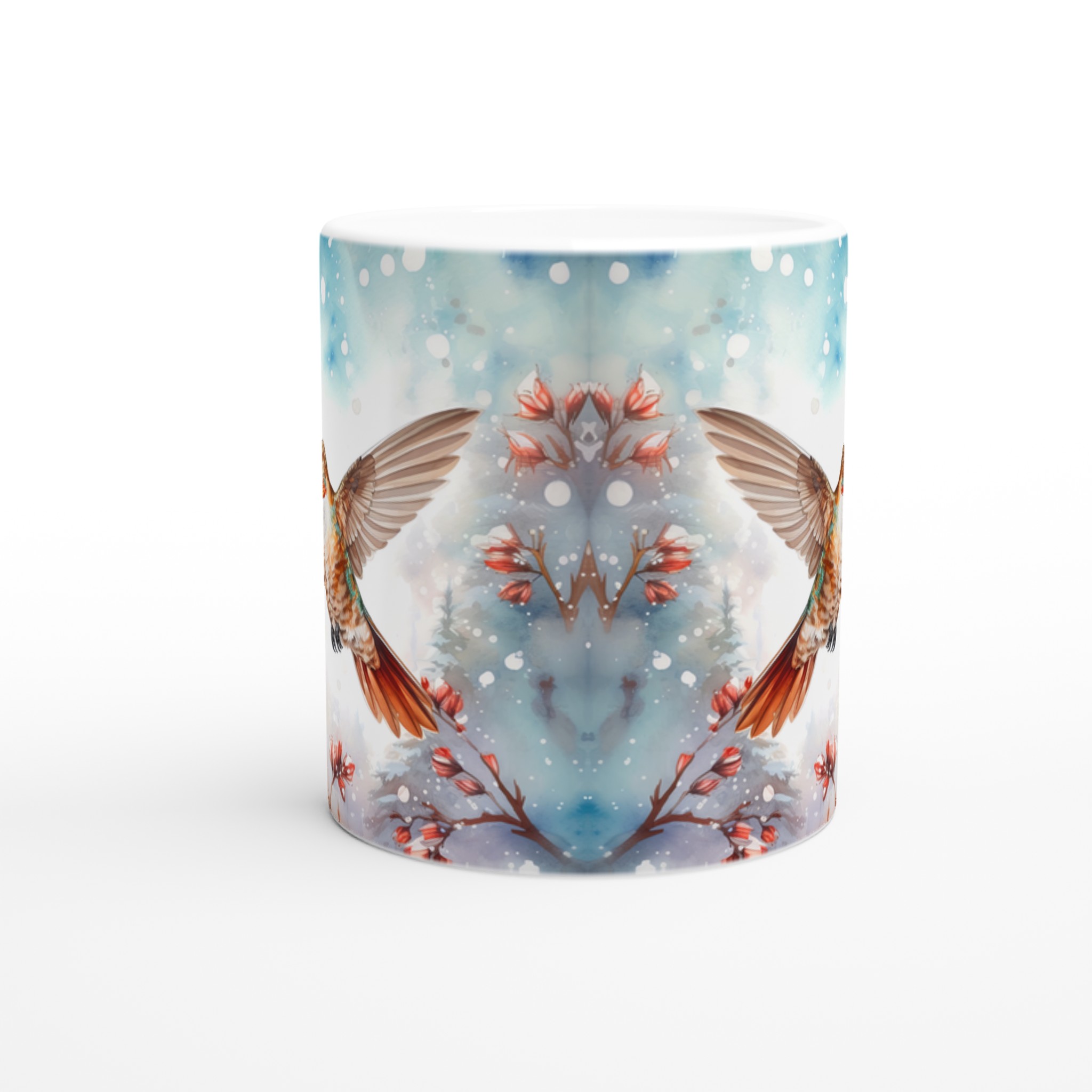 Vit 11oz keramisk mugg med vinterinspirerad kolibri och blomma - välj din favoritfärg 8 d3a65e69-fb9d-475e-84b1-613415f09726