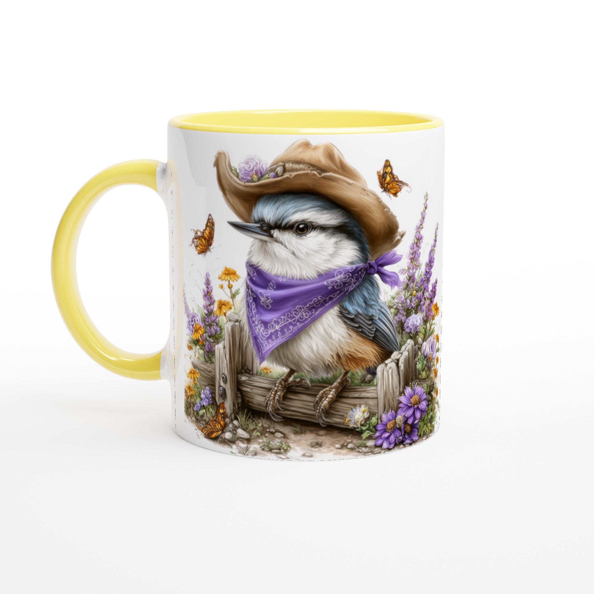 Vit 11oz keramisk mugg med charmig fågel i cowboyhatt – välj bland sju dekorativa färger 3 d43cc03f-cacf-49e3-9e6e-da58a0700b36