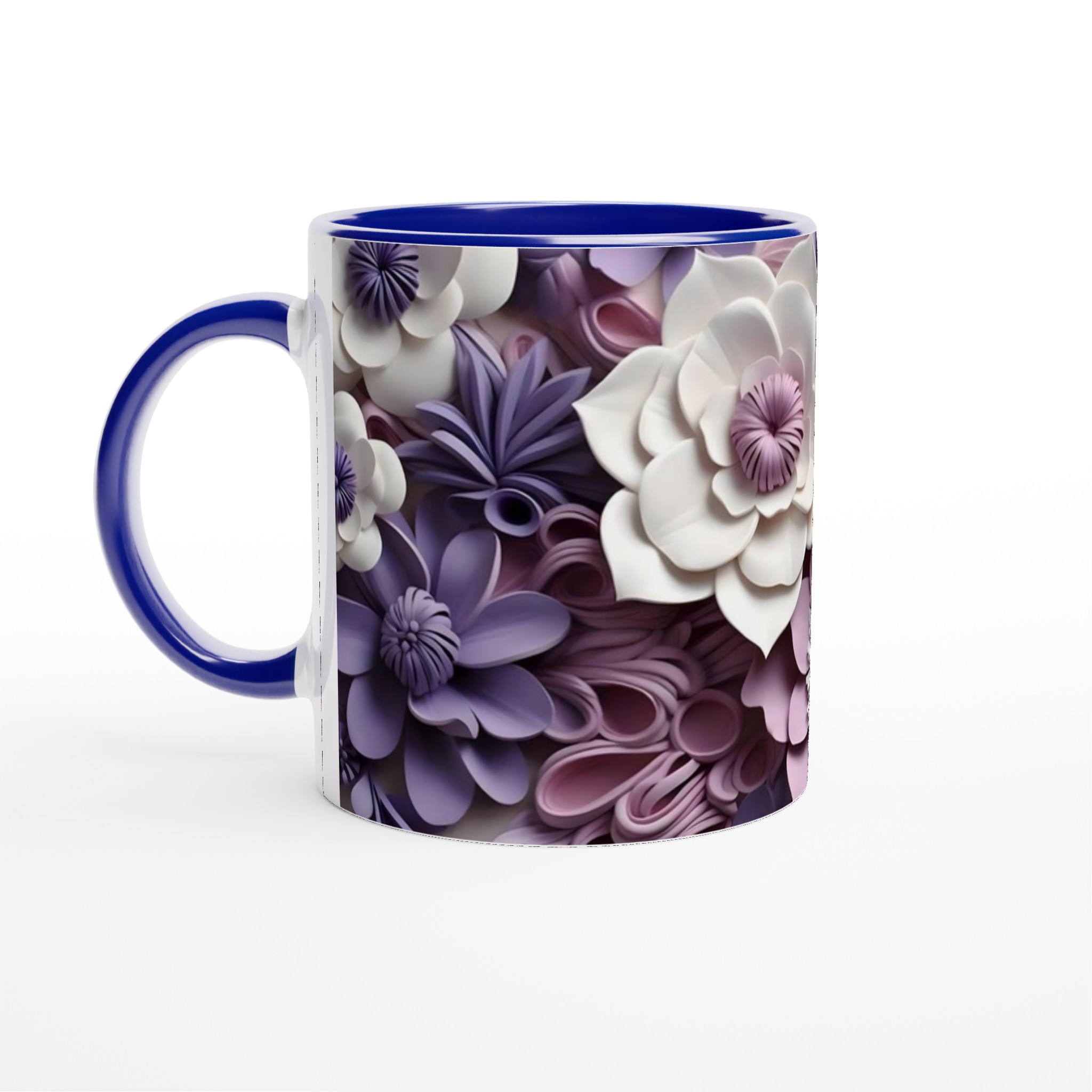 Vit 11oz keramisk mugg med elegant blad- och blomdesign i mjuka pastellfärger 2 d48ad5ca-0a07-4b16-8527-414ab3d5330e
