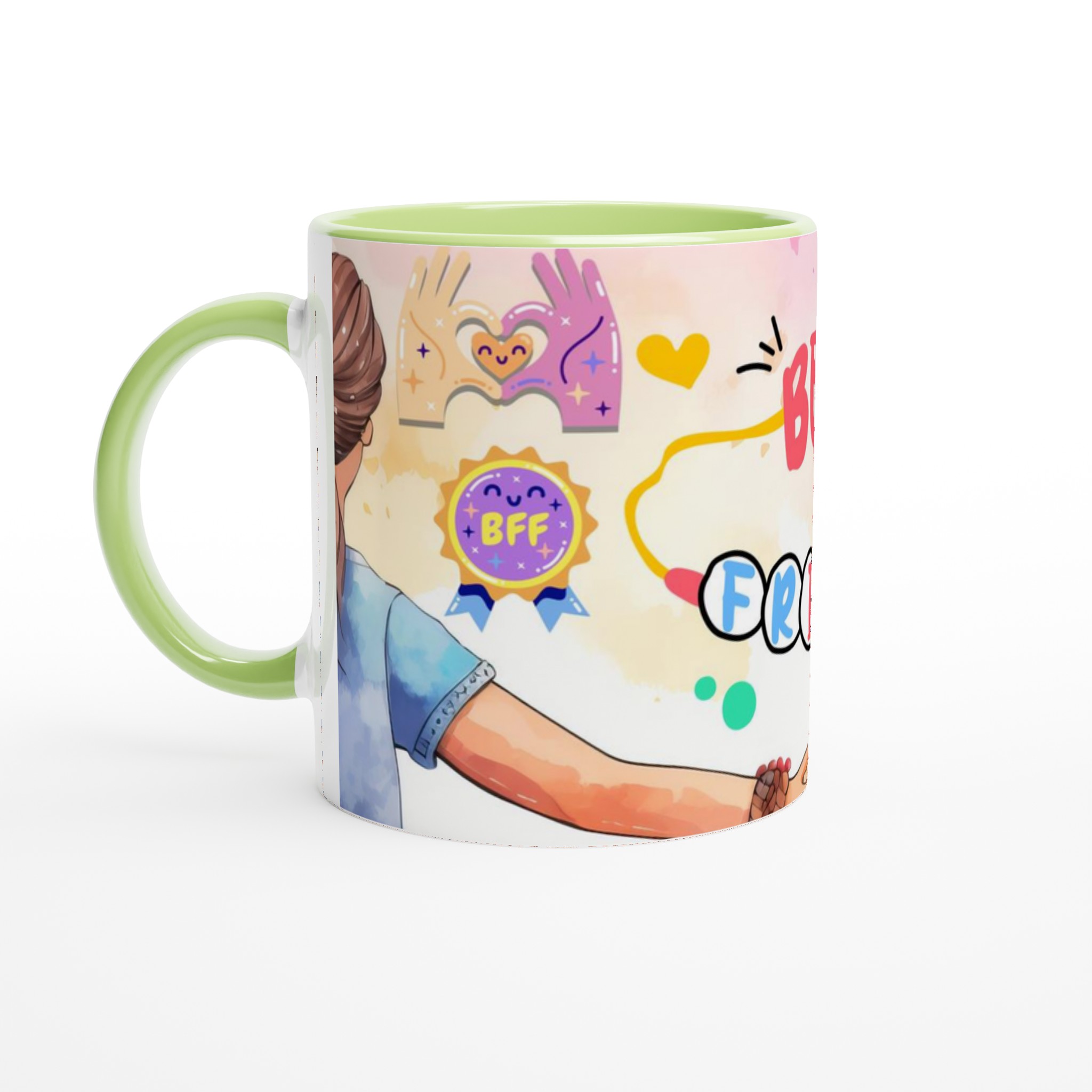 Vit 11oz keramisk mugg med färggrann BFF-illustration – välj mellan sju livfulla keramiska nyanser 7 d497bc0a-7283-4b54-8cc2-35b7dcd54e33
