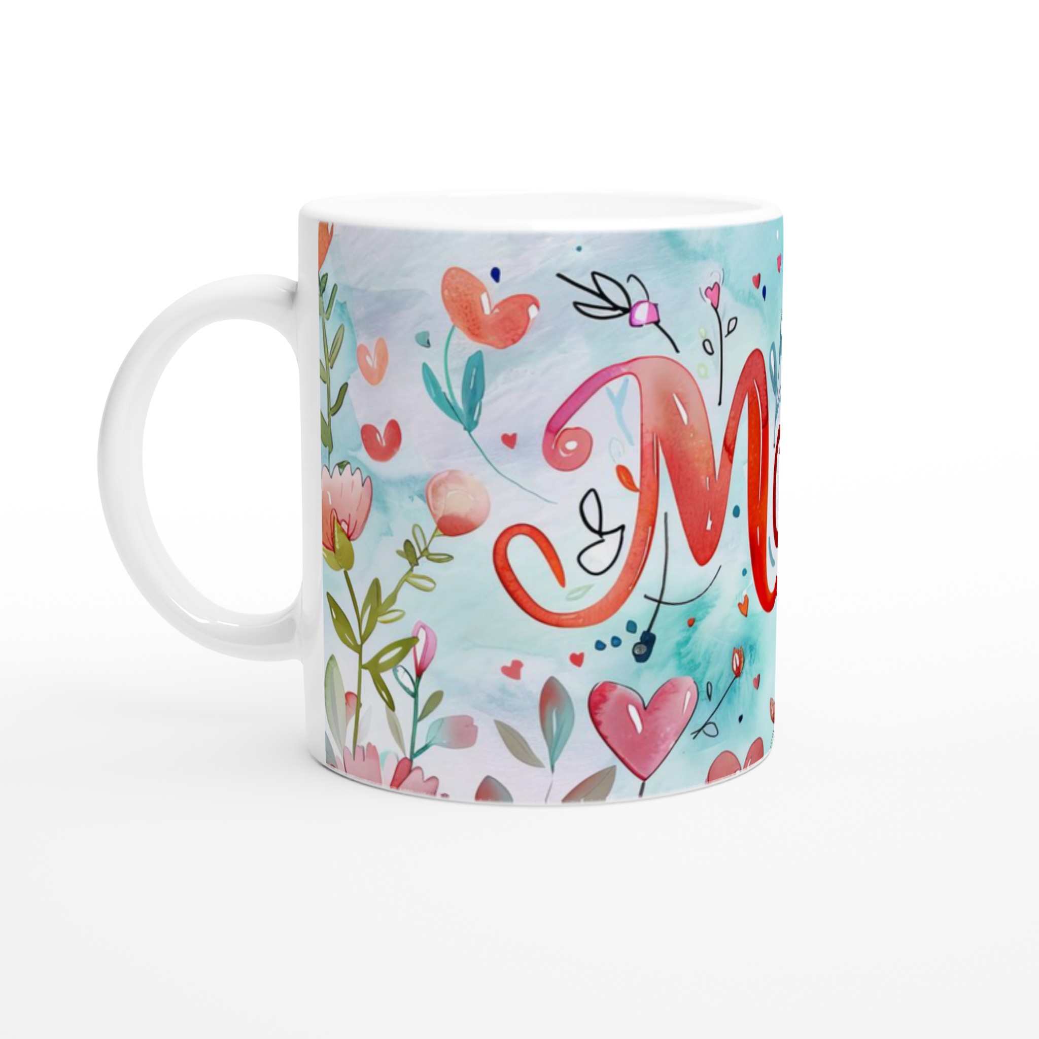 Charmig Vit 11oz Keramisk Mugg med Blomstrande 'Mom'-Design i Varma Röda Toner 1 d516a489-f72c-4e50-b675-99fb06fd4852