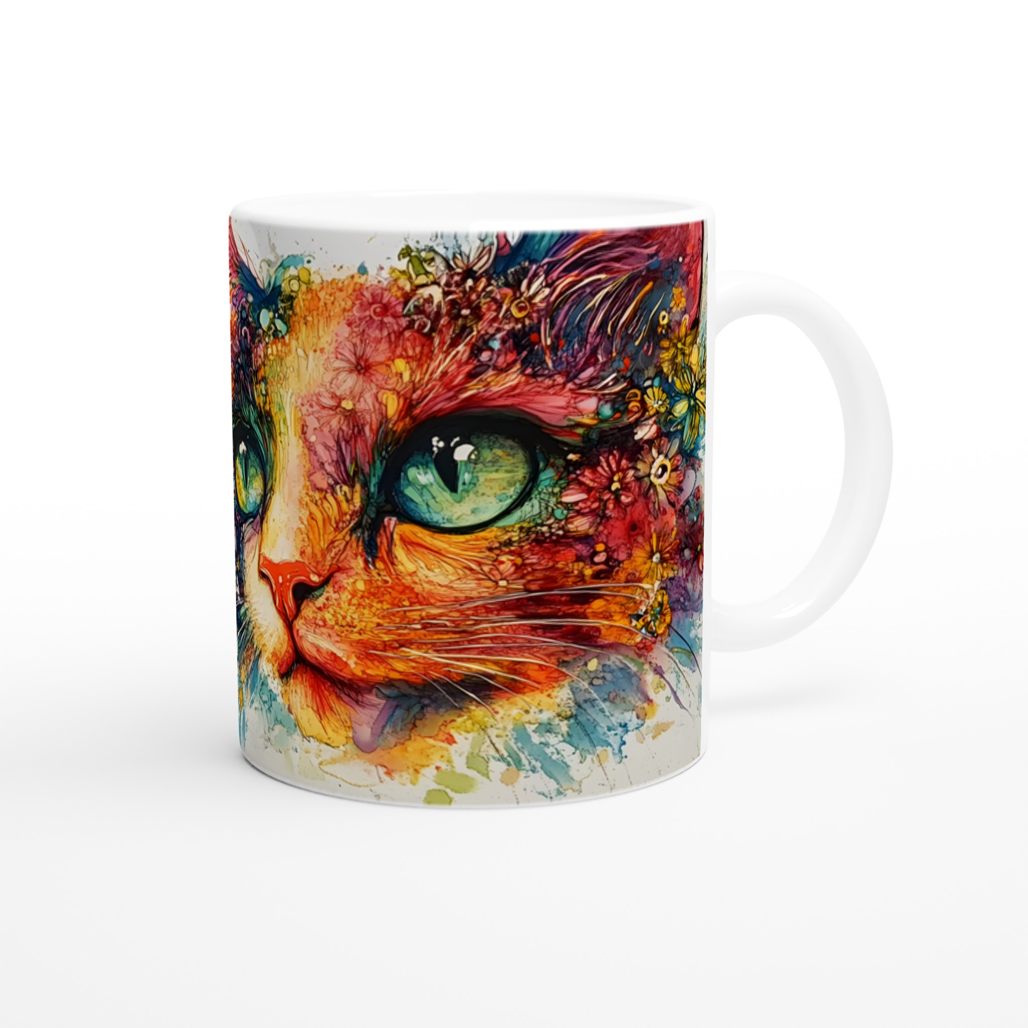 Vit 11oz keramisk mugg med färgstarkt blomstrande kattmotiv – välj din färgstil 9 d517355f-1a0a-482c-a4e6-2c75084ebdfe