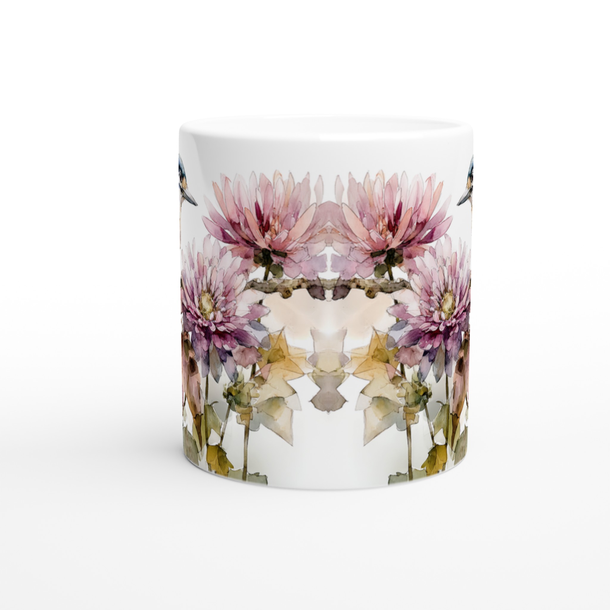Vit 11oz keramisk mugg med akvarellinspirerat fågel- och blommotiv i flera vackra färger 8 d55d8243-5ebe-4137-adf9-7ab8005ecde3