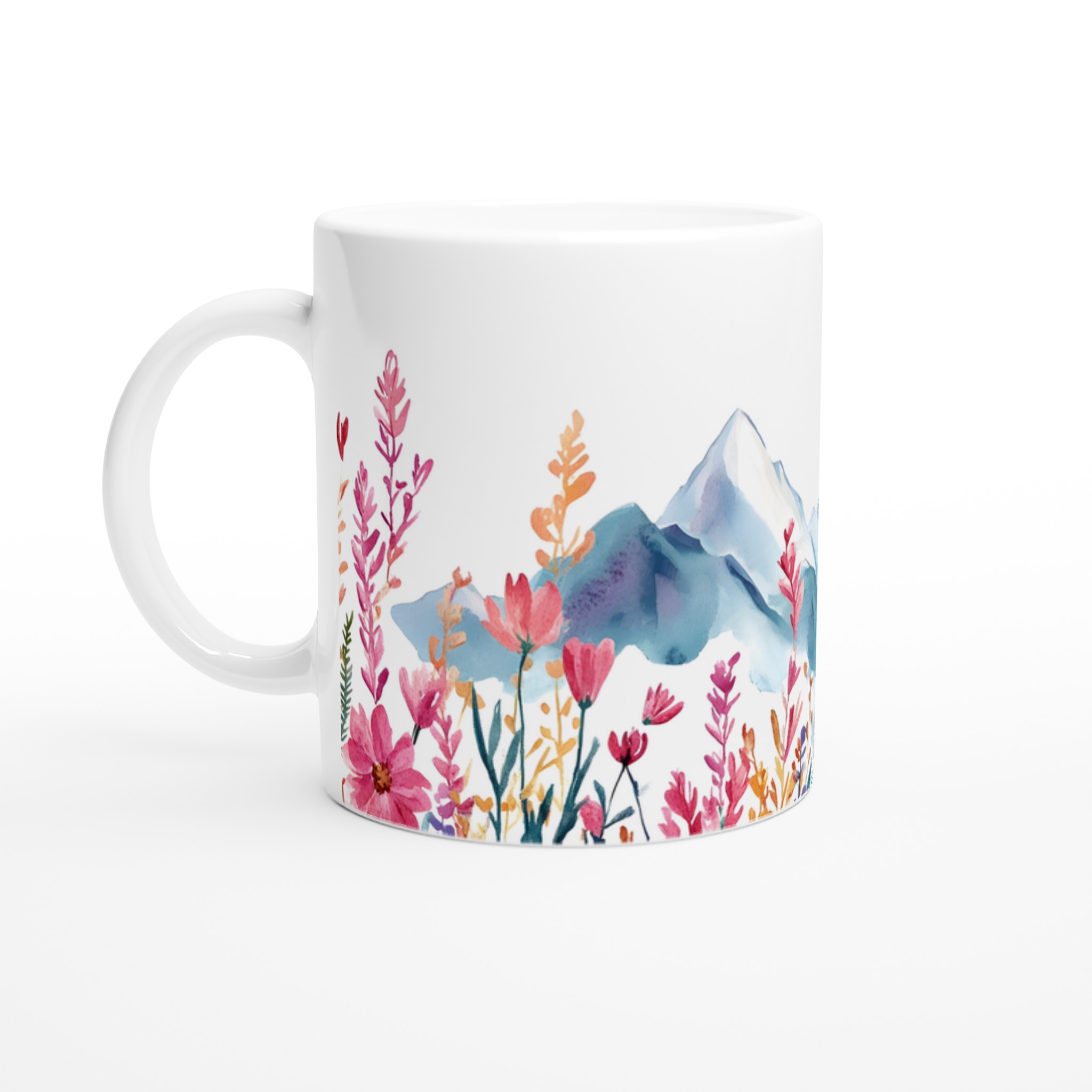 Akvarellblommig bergsmugg – 11 oz keramikmugg i ditt val av sju livfulla färger 1 d59af821-df95-4329-8d05-802a0d141009
