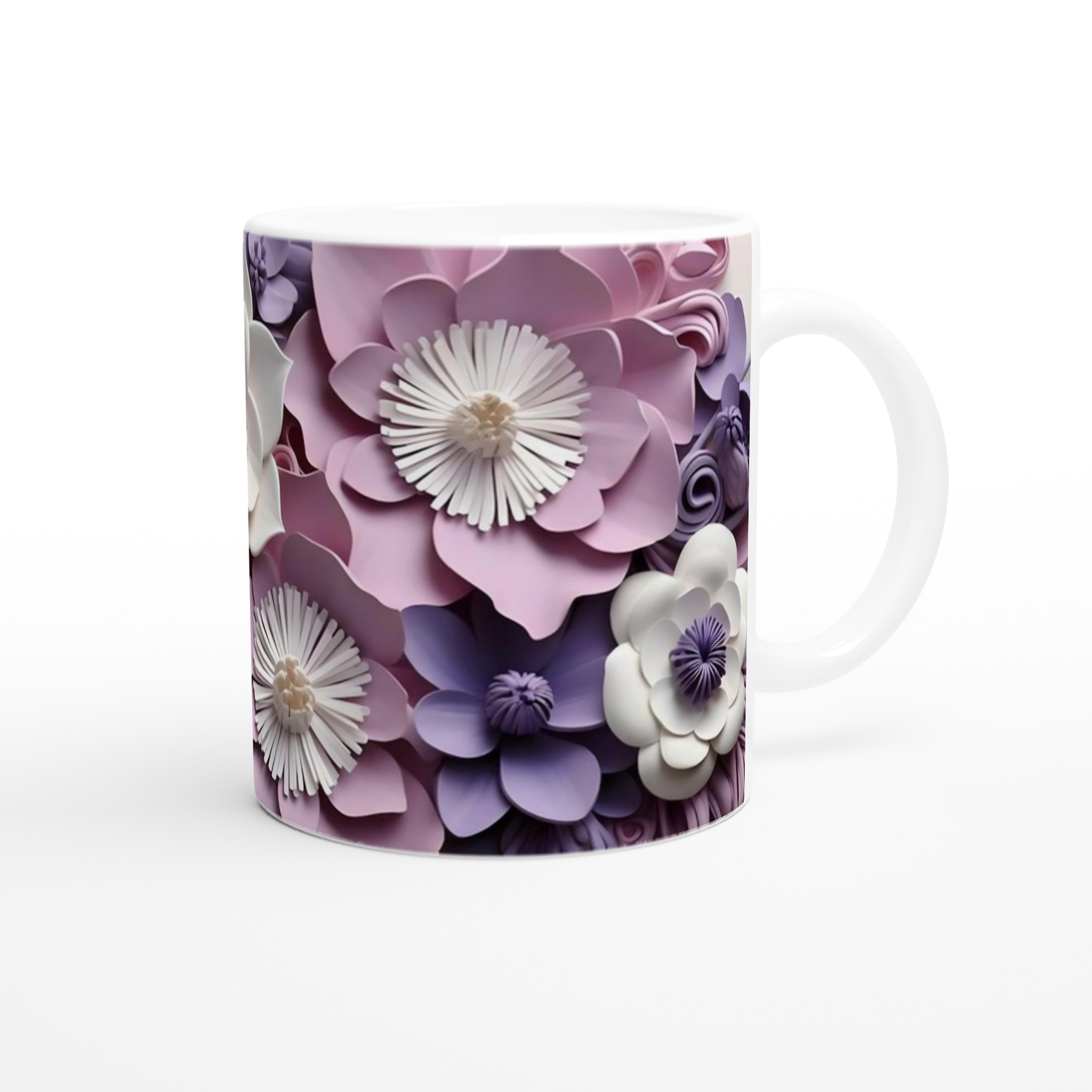 Vit 11oz keramisk mugg med elegant blad- och blomdesign i mjuka pastellfärger 9 d64127c2-6e35-414a-819f-01beb03e51fb