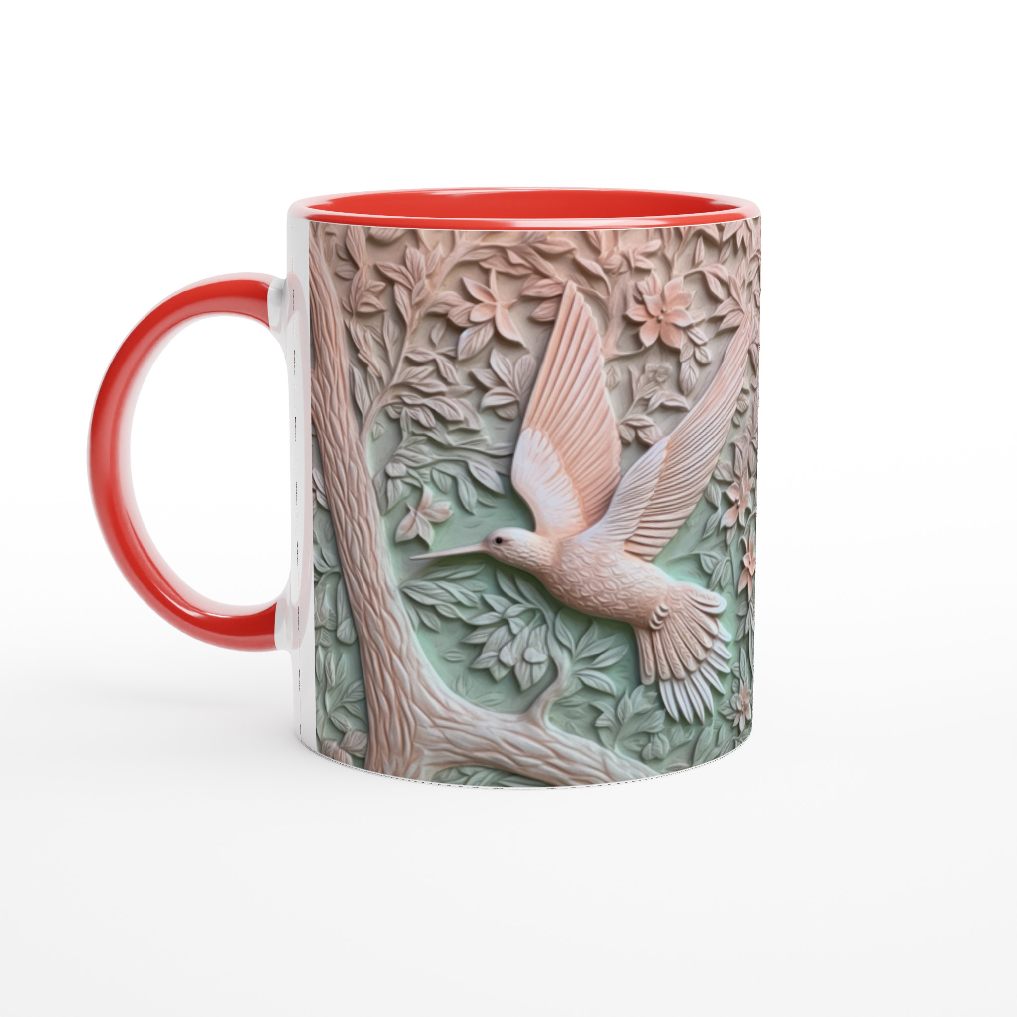 Vit 11oz keramisk mugg med elegant kolibri- och blommönster i mjuka pastellnyanser 5 d64f5b51-923a-4172-aedf-144c3d40d623