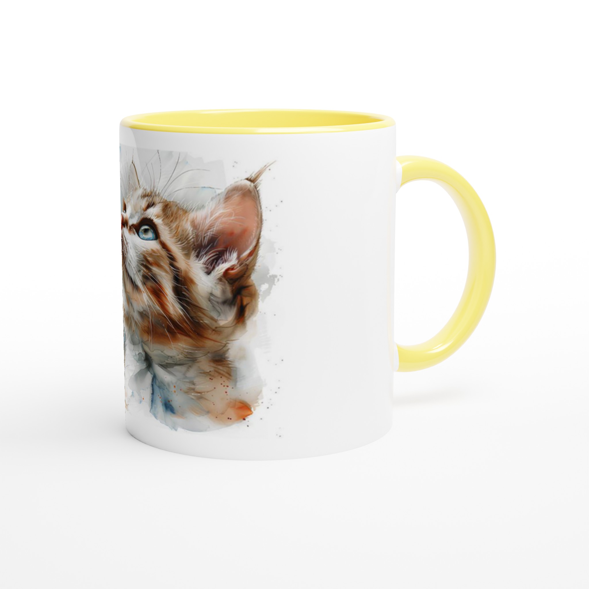 Curious Kitten Akvarell Keramikmugg - 11oz, Färgad Insida & Handtag i ditt val av 6 nyanser 8 d65088c4-3927-4bca-a705-e8130f37487d